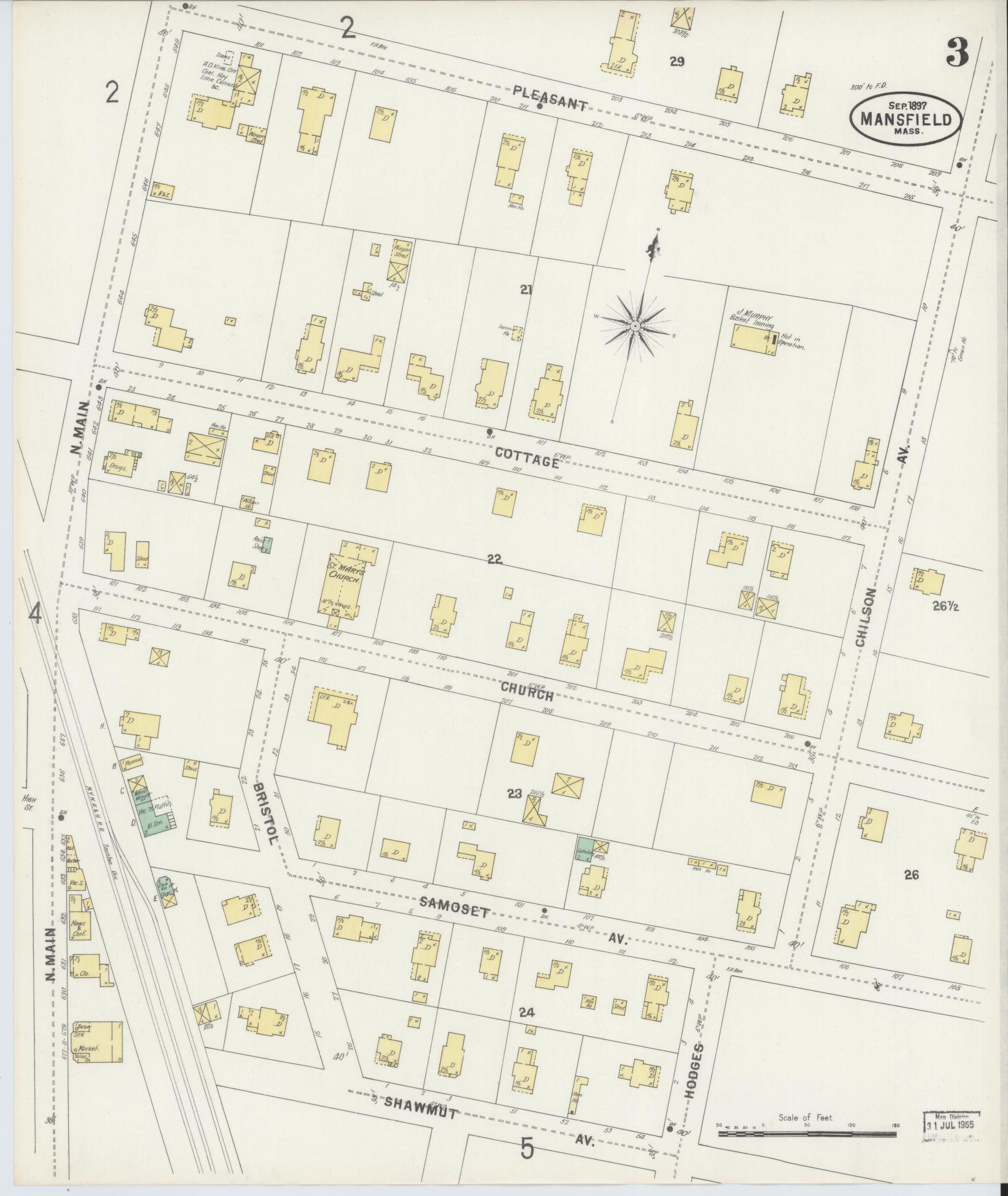 Sanborn Fire Insurance Map from Mansfield, Bristol County, Massachusetts (1897), Sheet #0003 - Historic Sanborn Fire Insurance Map Print, vintage old map wall art, antique decor, genealogy gift, Massachusetts Massachusetts map