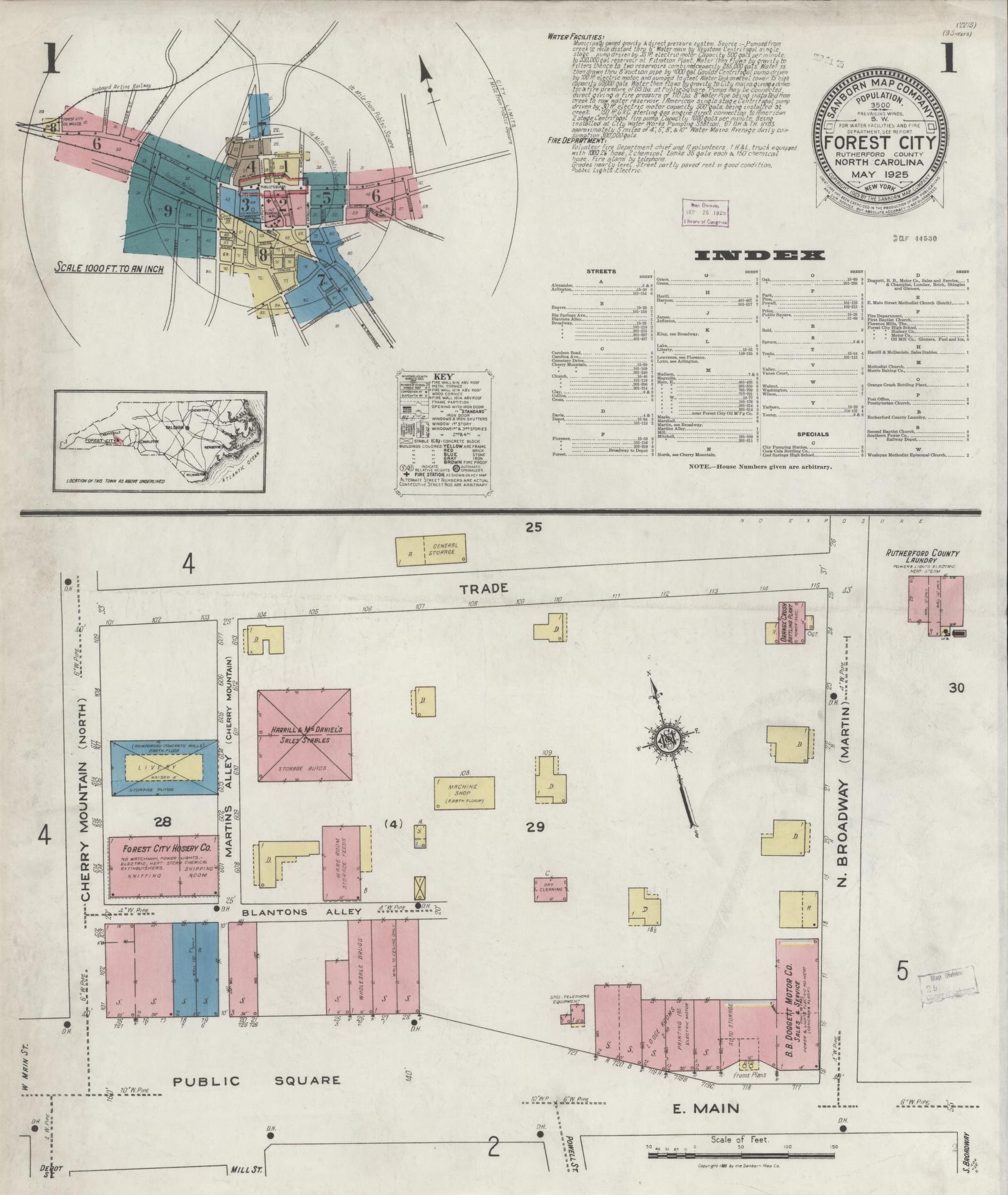 Sanborn Fire Insurance Map from Forest City, Rutherford County, North Carolina (1925), Sheet #0001 - Historic Sanborn Fire Insurance Map Print, vintage old map wall art, antique decor, genealogy gift, North Carolina North Carolina map