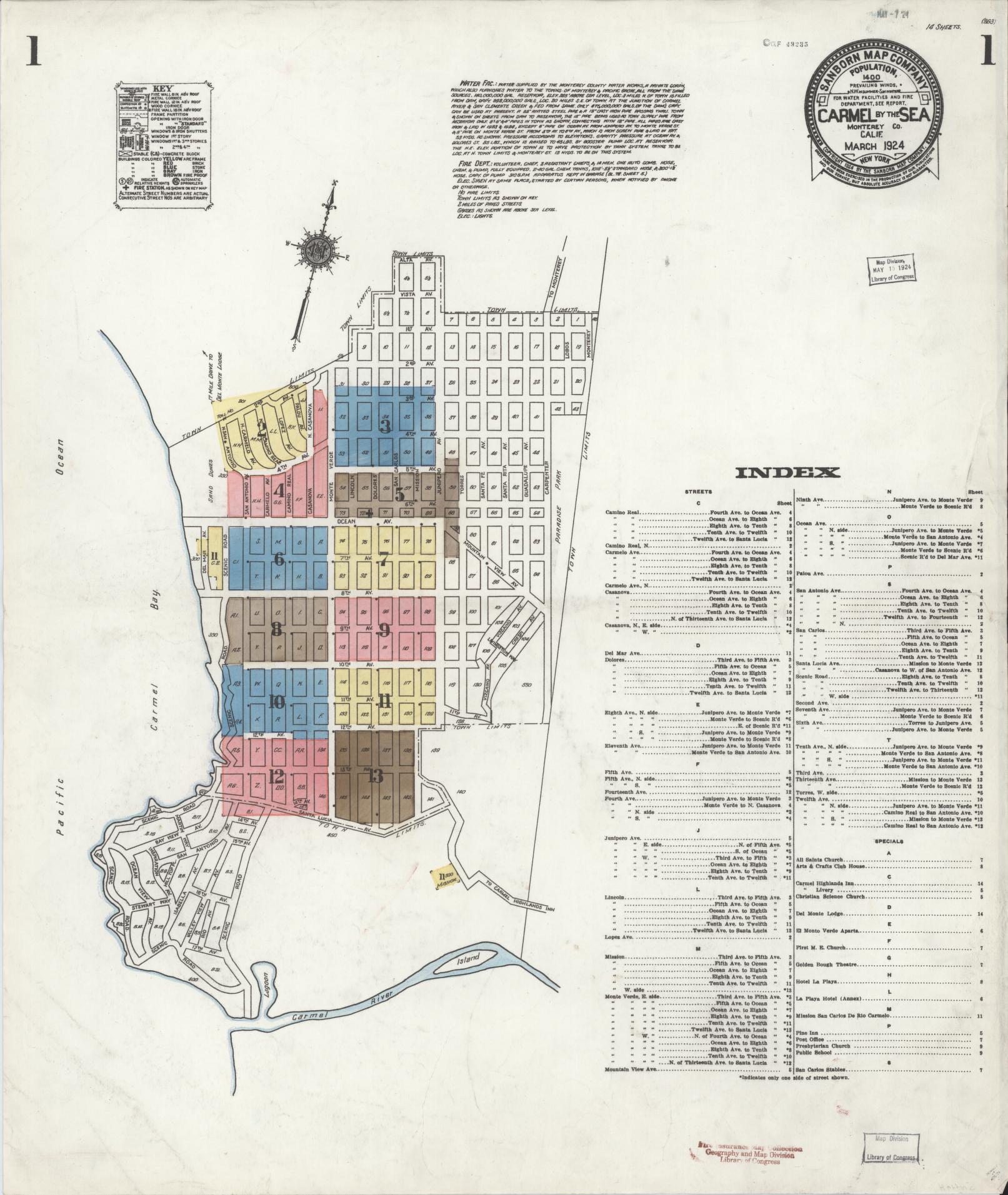 Sanborn Fire Insurance Map from Carmel By The Sea, Monterey County, California (1924), Sheet #0001 - Complete Map Set gallery image, historic Sanborn map, vintage wall art, California California