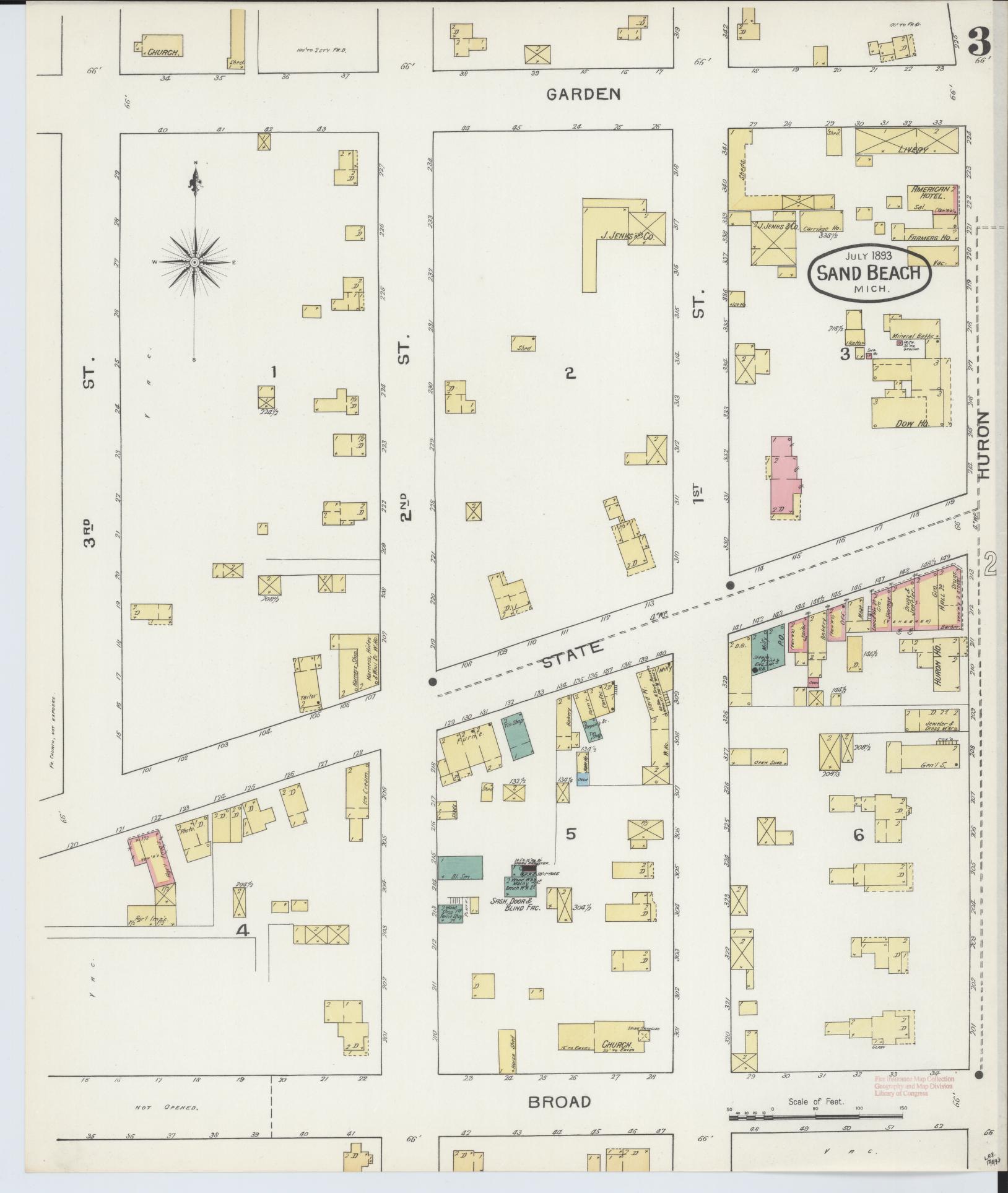 Sanborn Fire Insurance Map from Sand Beach, Huron County, Michigan (1893), Sheet #0003 - Historic Sanborn Fire Insurance Map Print, vintage old map wall art, antique decor, genealogy gift, Michigan Michigan map