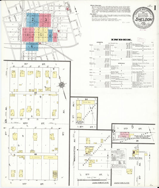 Sanborn Fire Insurance Map from Sheldon, O'Brien County, Iowa (1909), Sheet #0001 - Historic Sanborn Fire Insurance Map Print, vintage old map wall art