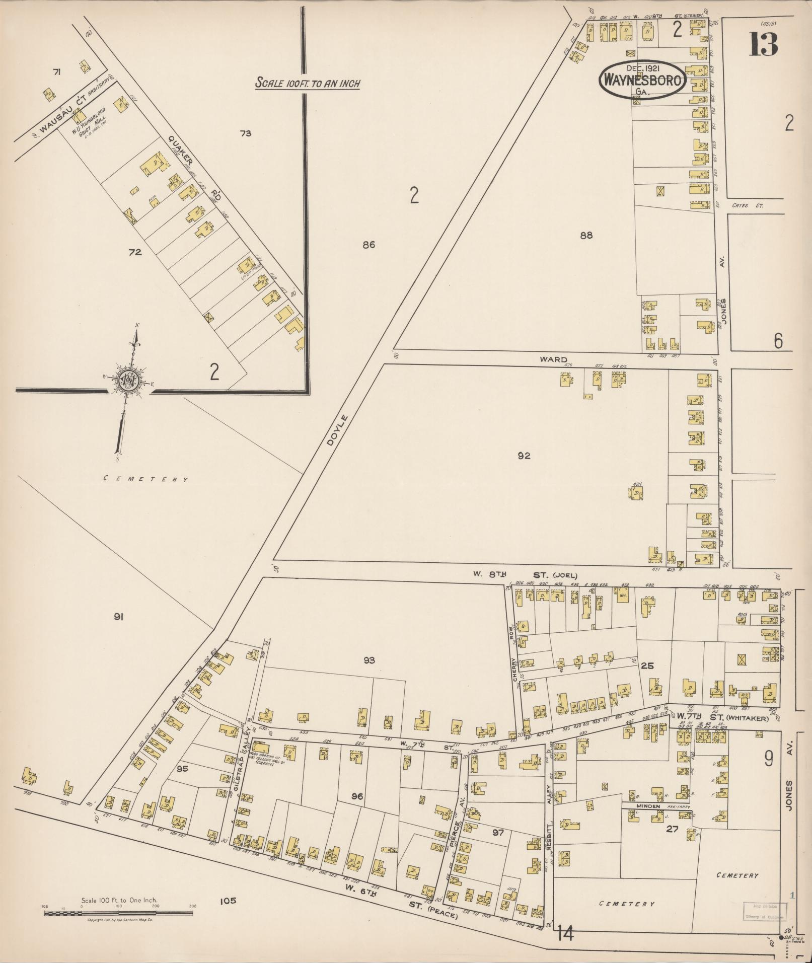 Sanborn Fire Insurance Map from Waynesboro, Burke County, Georgia (1921), Sheet #0013 - Complete Map Set gallery image, historic Sanborn map, vintage wall art, Georgia Georgia