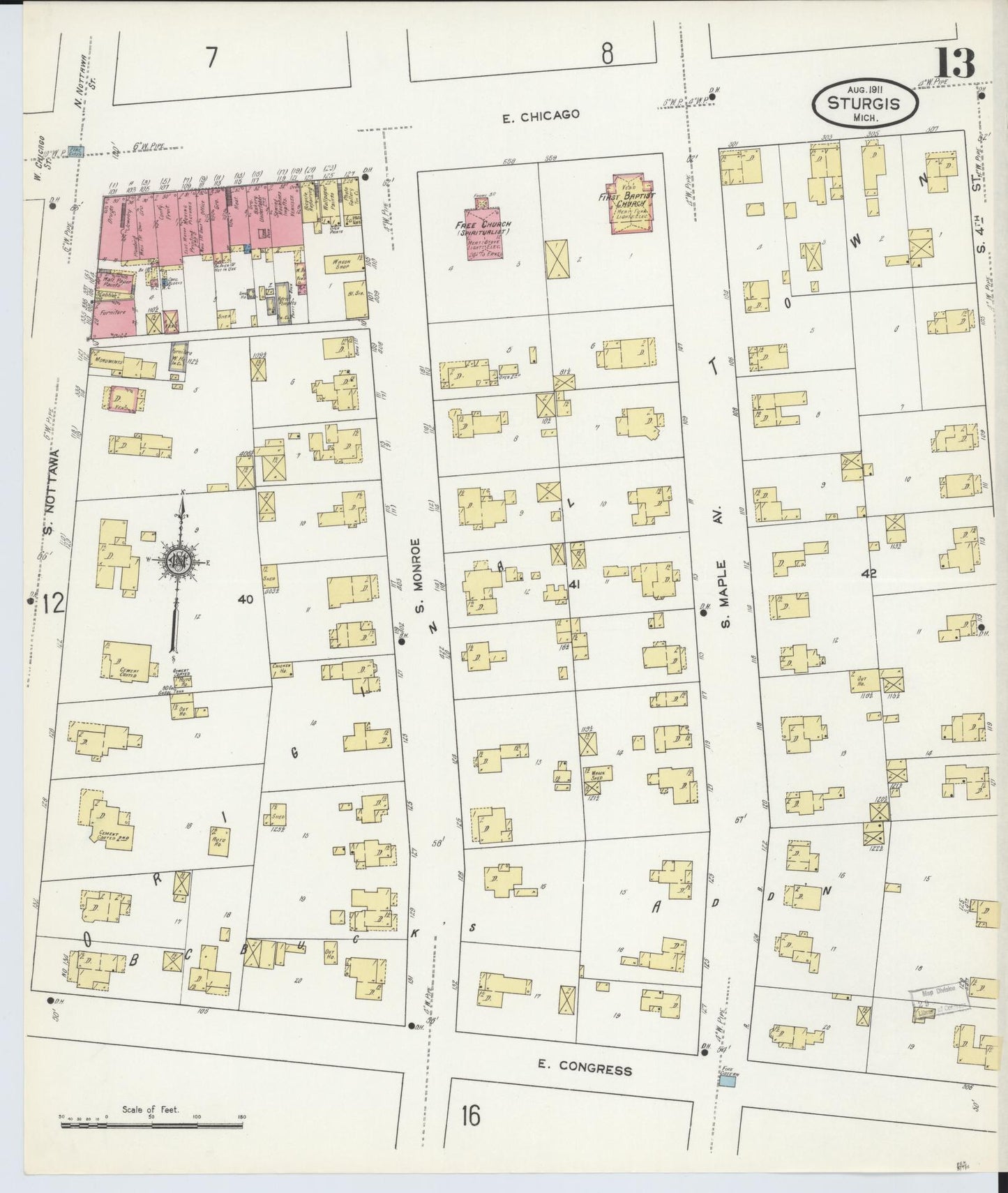 Sanborn Fire Insurance Map from Sturgis, Saint Joseph County, Michigan (1911), Sheet #0013 - Historic Sanborn Fire Insurance Map Print, vintage old map wall art, antique decor, genealogy gift, Michigan Michigan map