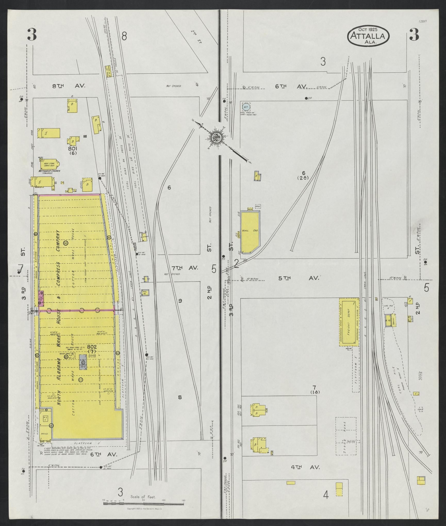 Sanborn Fire Insurance Map from Attalla, Etowah County, Alabama (1925), Sheet #0003 - Complete Map Set gallery image, historic Sanborn map, vintage wall art, Alabama Alabama