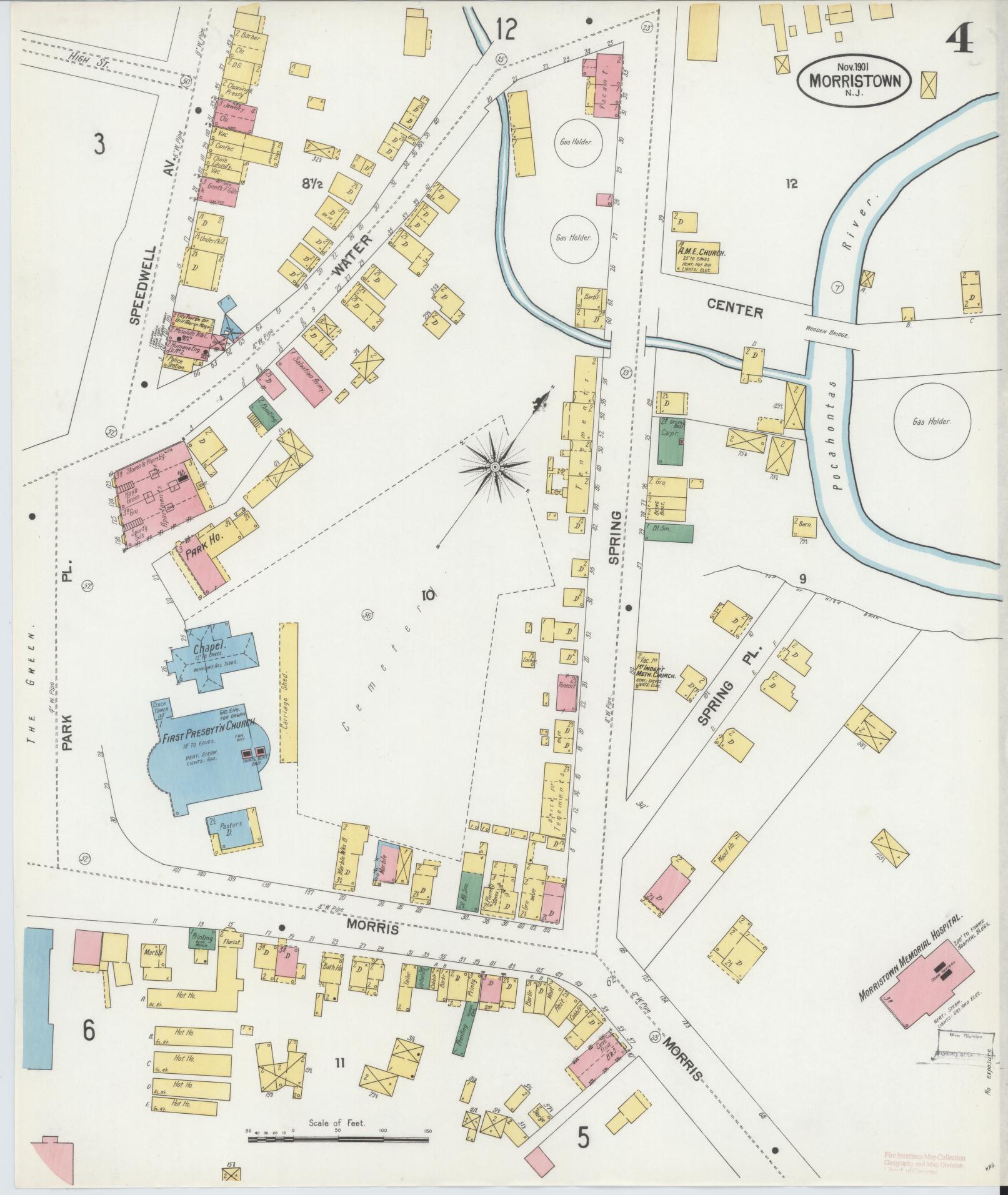 Sanborn Fire Insurance Map from Morristown, Morris County, New Jersey (1901), Sheet #0004 - Complete Map Set gallery image, historic Sanborn map, vintage wall art, New Jersey New Jersey
