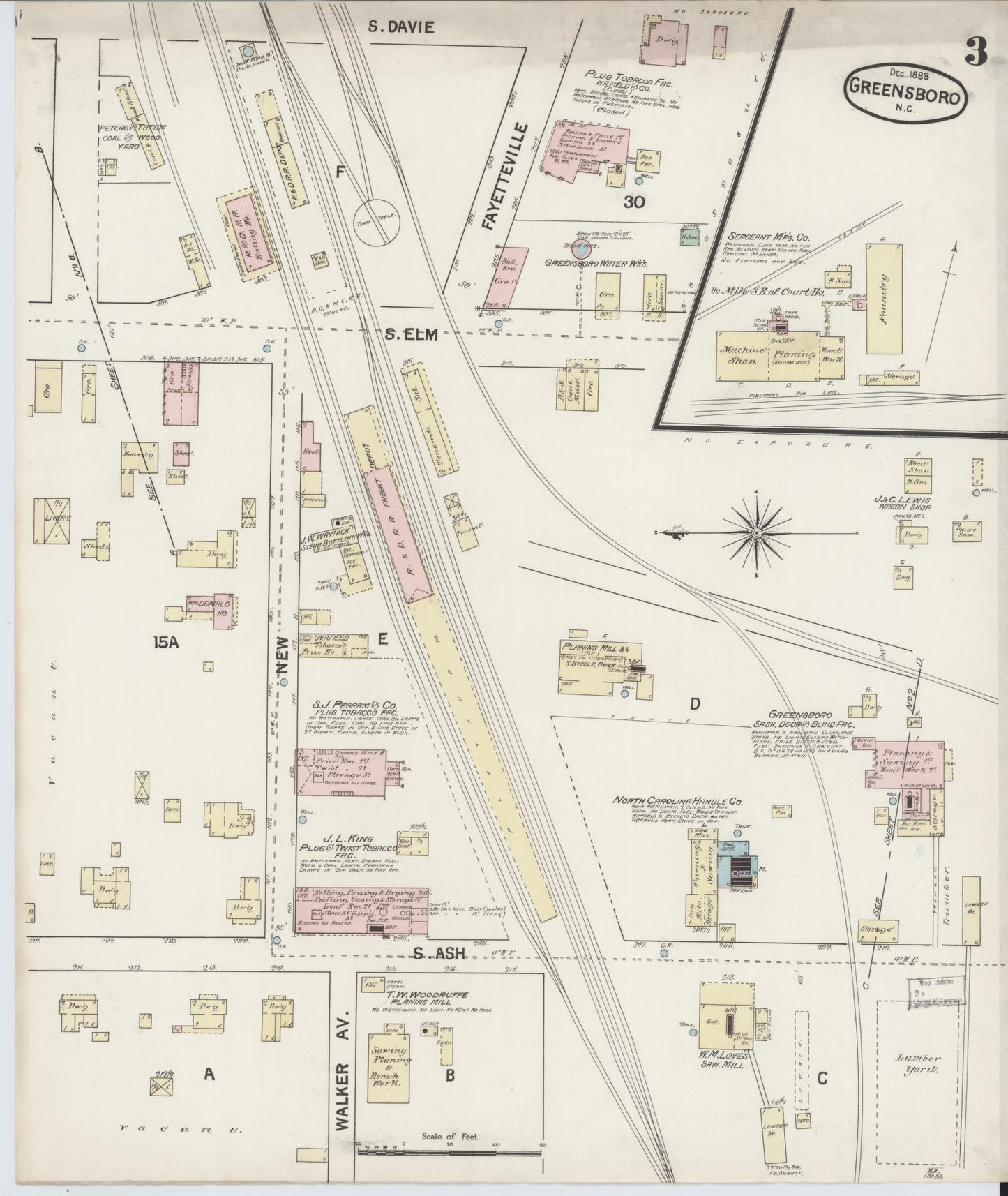 Sanborn Fire Insurance Map from Greensboro, Guilford County, North Carolina (1888), Sheet #0003 - Complete Map Set gallery image, historic Sanborn map, vintage wall art, North Carolina North Carolina