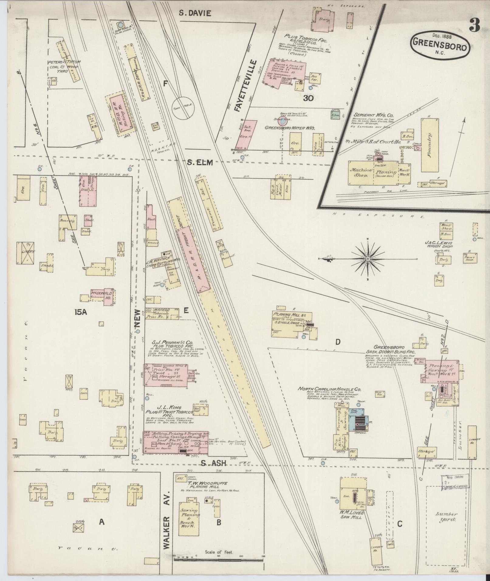 Sanborn Fire Insurance Map from Greensboro, Guilford County, North Carolina (1888), Sheet #0003 - Complete Map Set gallery image, historic Sanborn map, vintage wall art, North Carolina North Carolina