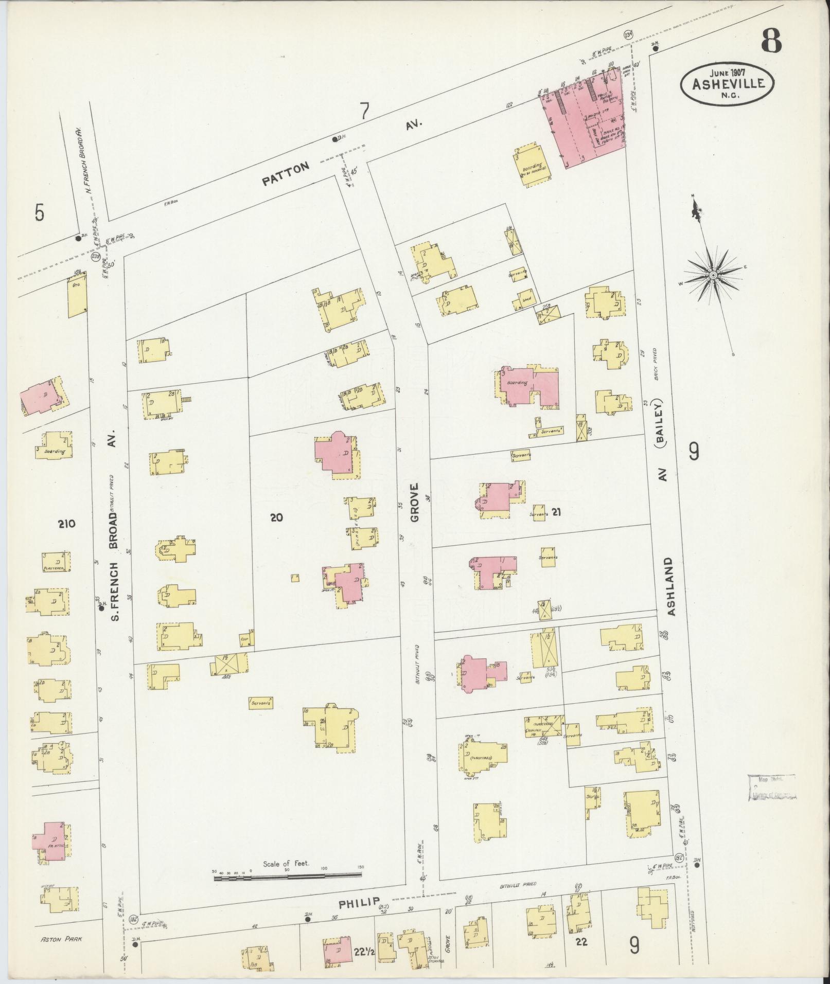 Sanborn Fire Insurance Map from Asheville, Buncombe County, North Carolina (1907), Sheet #0008 - Historic Sanborn Fire Insurance Map Print, vintage old map wall art, antique decor, genealogy gift, North Carolina North Carolina map