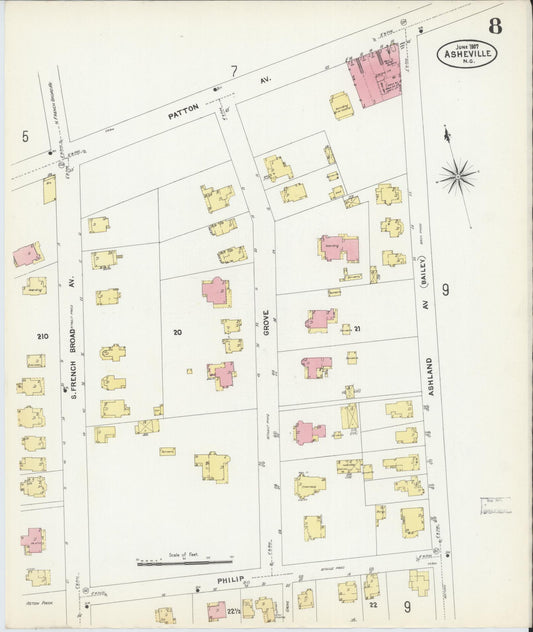 Sanborn Fire Insurance Map from Asheville, Buncombe County, North Carolina (1907), Sheet #0008 - Historic Sanborn Fire Insurance Map Print, vintage old map wall art, antique decor, genealogy gift, North Carolina North Carolina map