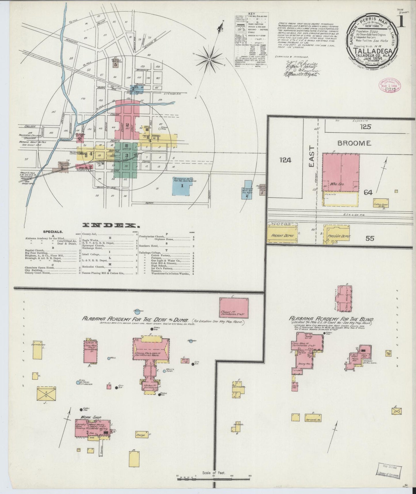 Sanborn Fire Insurance Map from Talladega, Talladega County, Alabama (1894), Sheet #0001 - Historic Sanborn Fire Insurance Map Print, vintage old map wall art, antique decor, genealogy gift, Alabama Alabama map