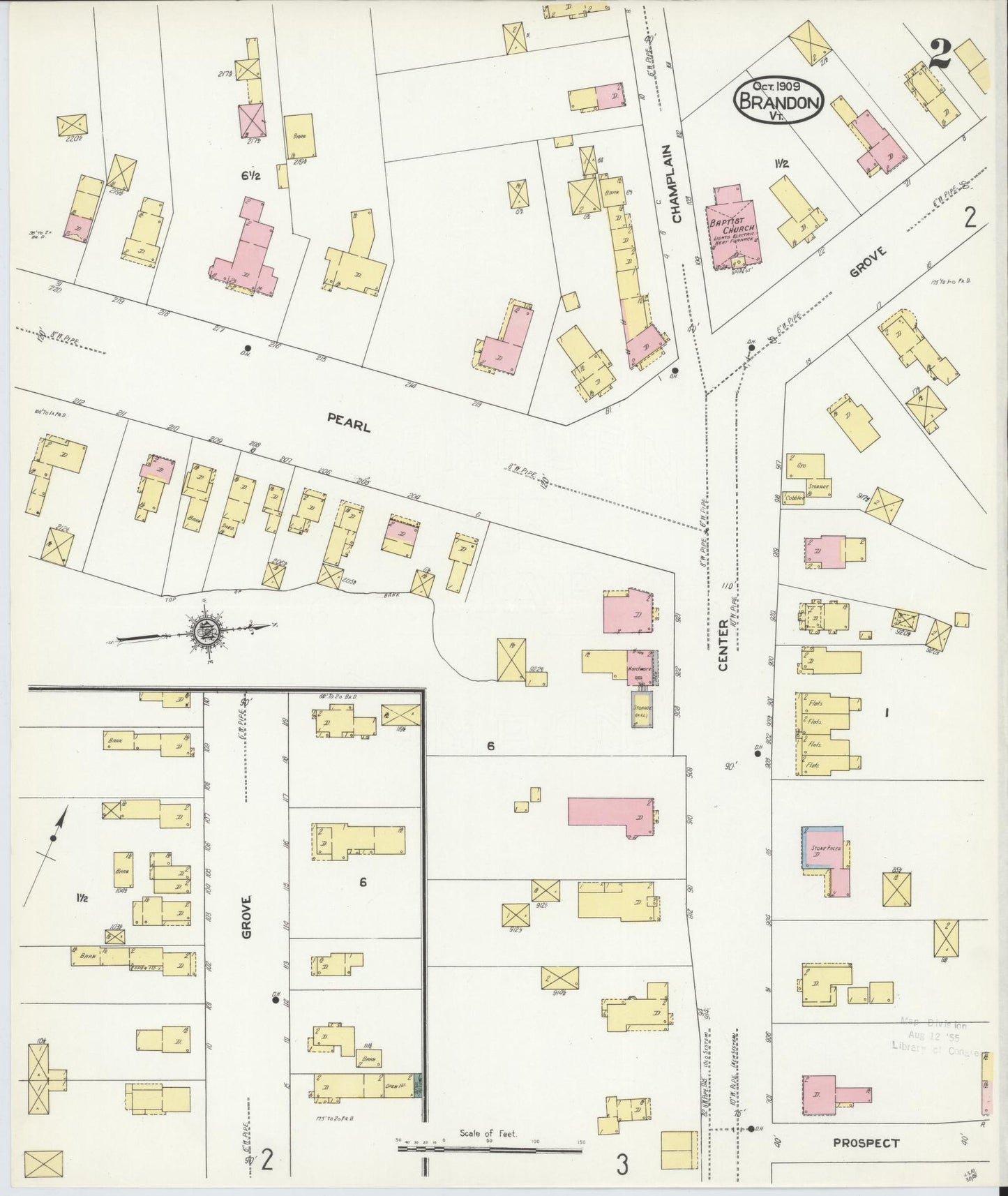 Sanborn Fire Insurance Map from Brandon, Rutland County, Vermont (1909), Sheet #0002 - Complete Map Set gallery image, historic Sanborn map, vintage wall art, Vermont Vermont