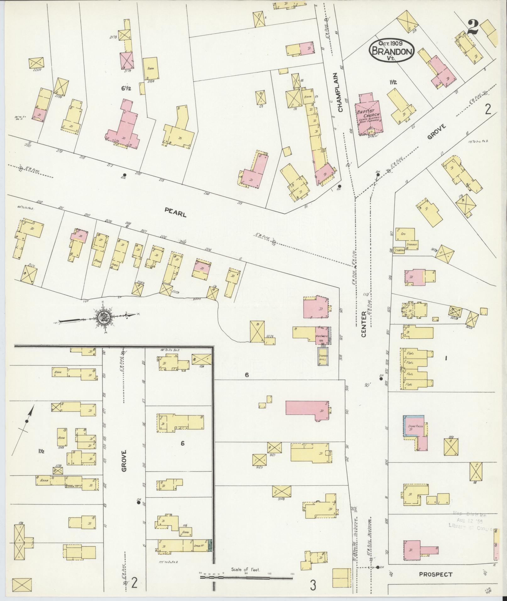 Sanborn Fire Insurance Map from Brandon, Rutland County, Vermont (1909), Sheet #0002 - Complete Map Set gallery image, historic Sanborn map, vintage wall art, Vermont Vermont