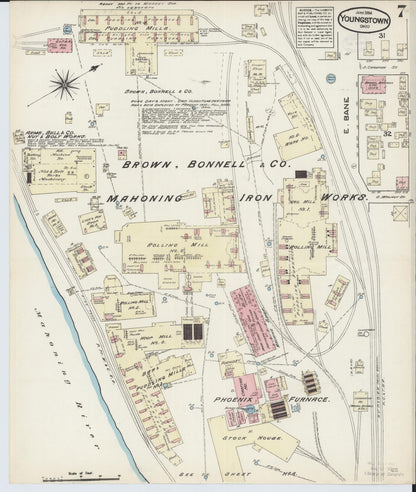 Sanborn Fire Insurance Map from Youngstown, Mahoning County, Ohio (1884), Sheet #0007 - Historic Sanborn Fire Insurance Map Print, vintage old map wall art, antique decor, genealogy gift, Ohio Ohio map