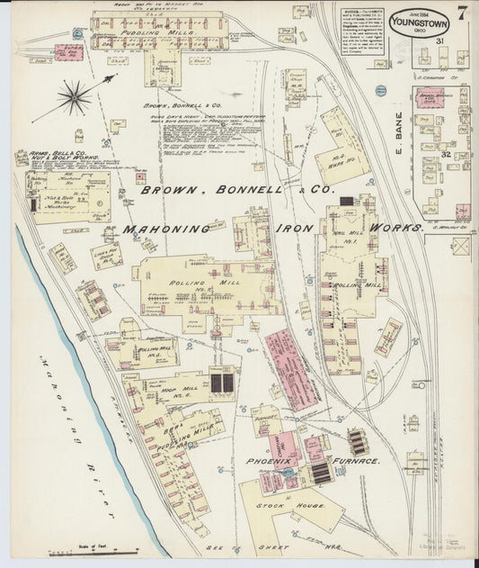 Sanborn Fire Insurance Map from Youngstown, Mahoning County, Ohio (1884), Sheet #0007 - Historic Sanborn Fire Insurance Map Print, vintage old map wall art, antique decor, genealogy gift, Ohio Ohio map