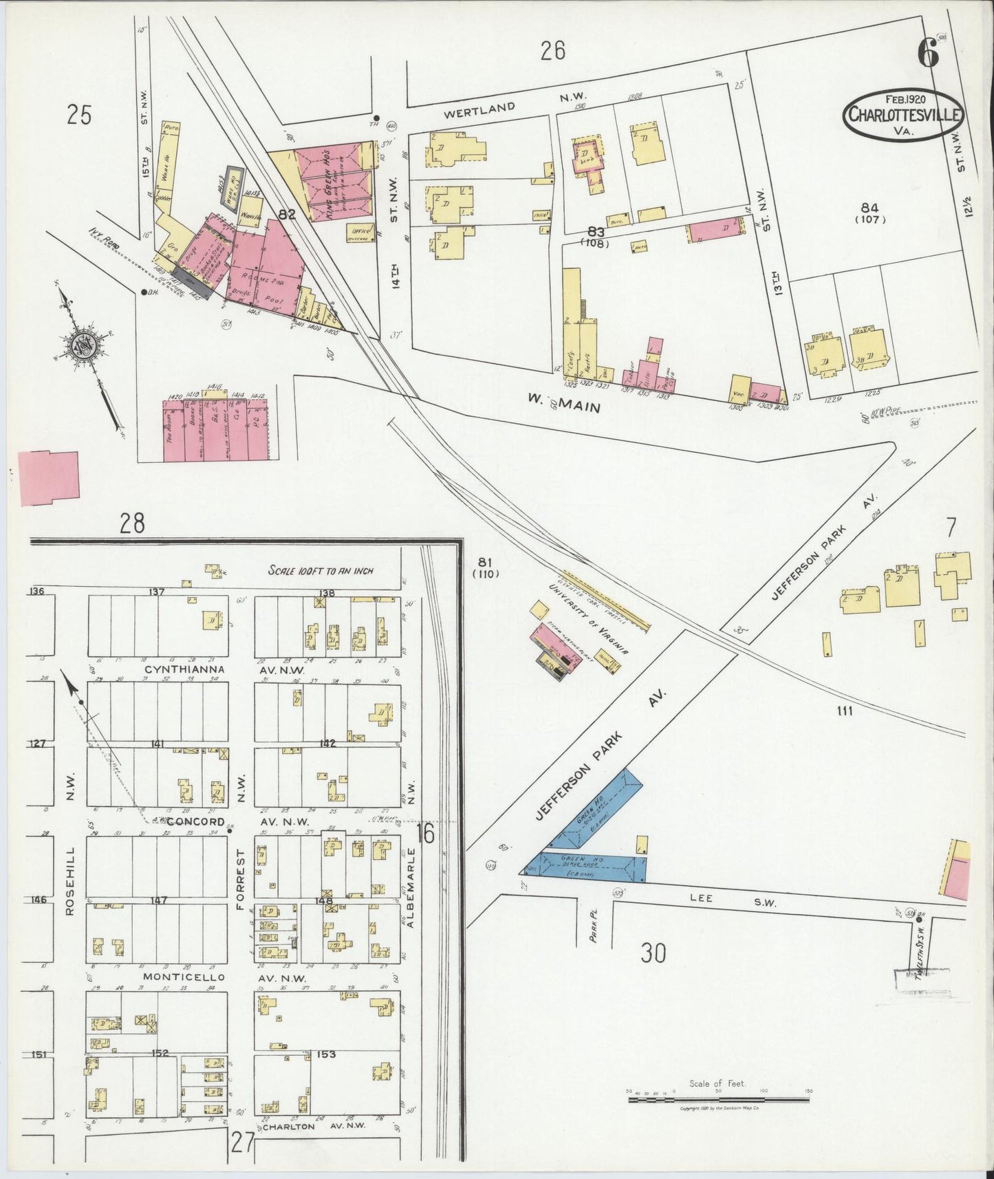 Sanborn Fire Insurance Map from Charlottesville, Independent Cities, Virginia (1920), Sheet #0006 - Complete Map Set gallery image, historic Sanborn map, vintage wall art, Virginia Virginia