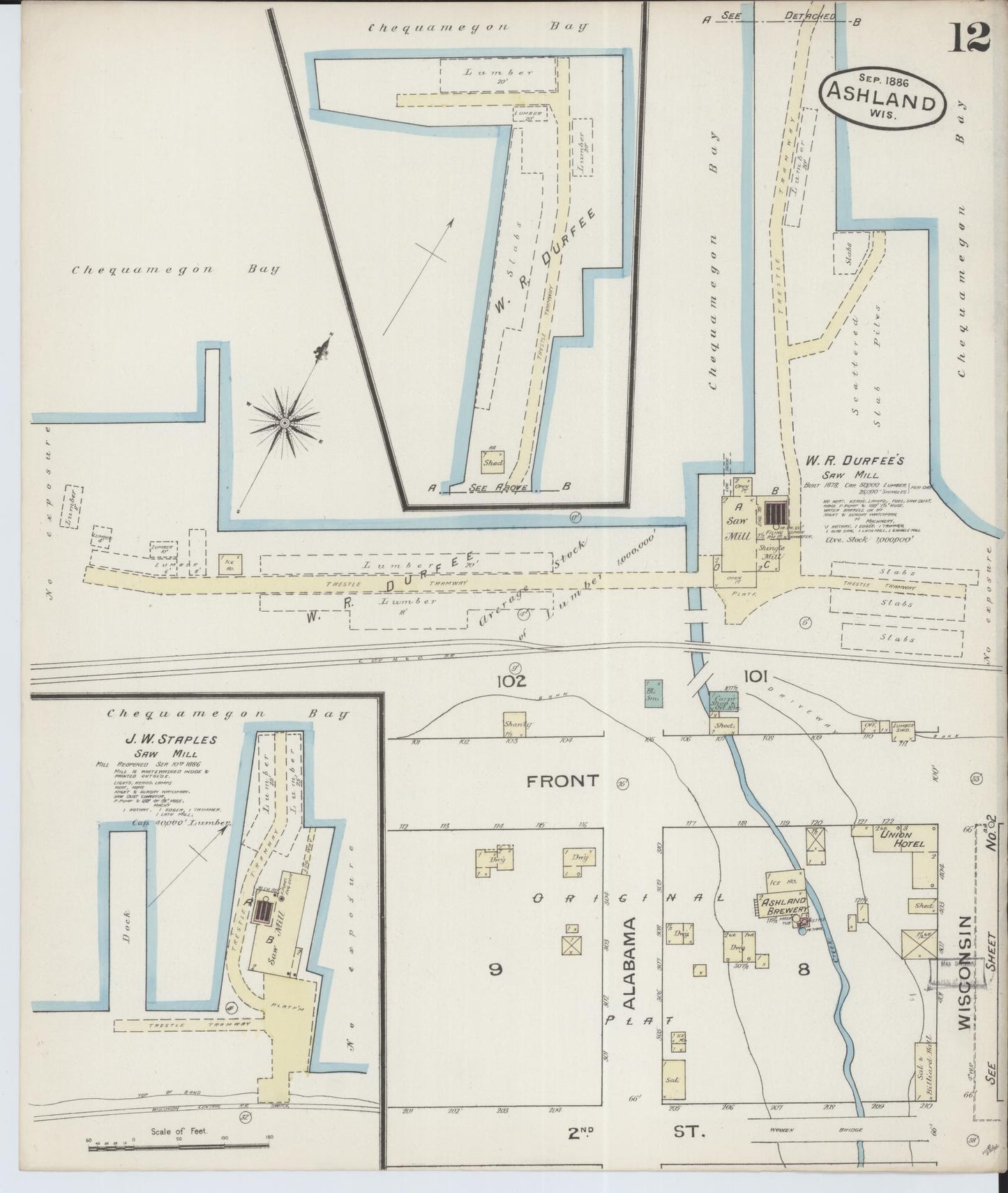Sanborn Fire Insurance Map from Ashland, Ashland County, Wisconsin (1886), Sheet #0012 - Historic Sanborn Fire Insurance Map Print, vintage old map wall art, antique decor, genealogy gift, Wisconsin Wisconsin map