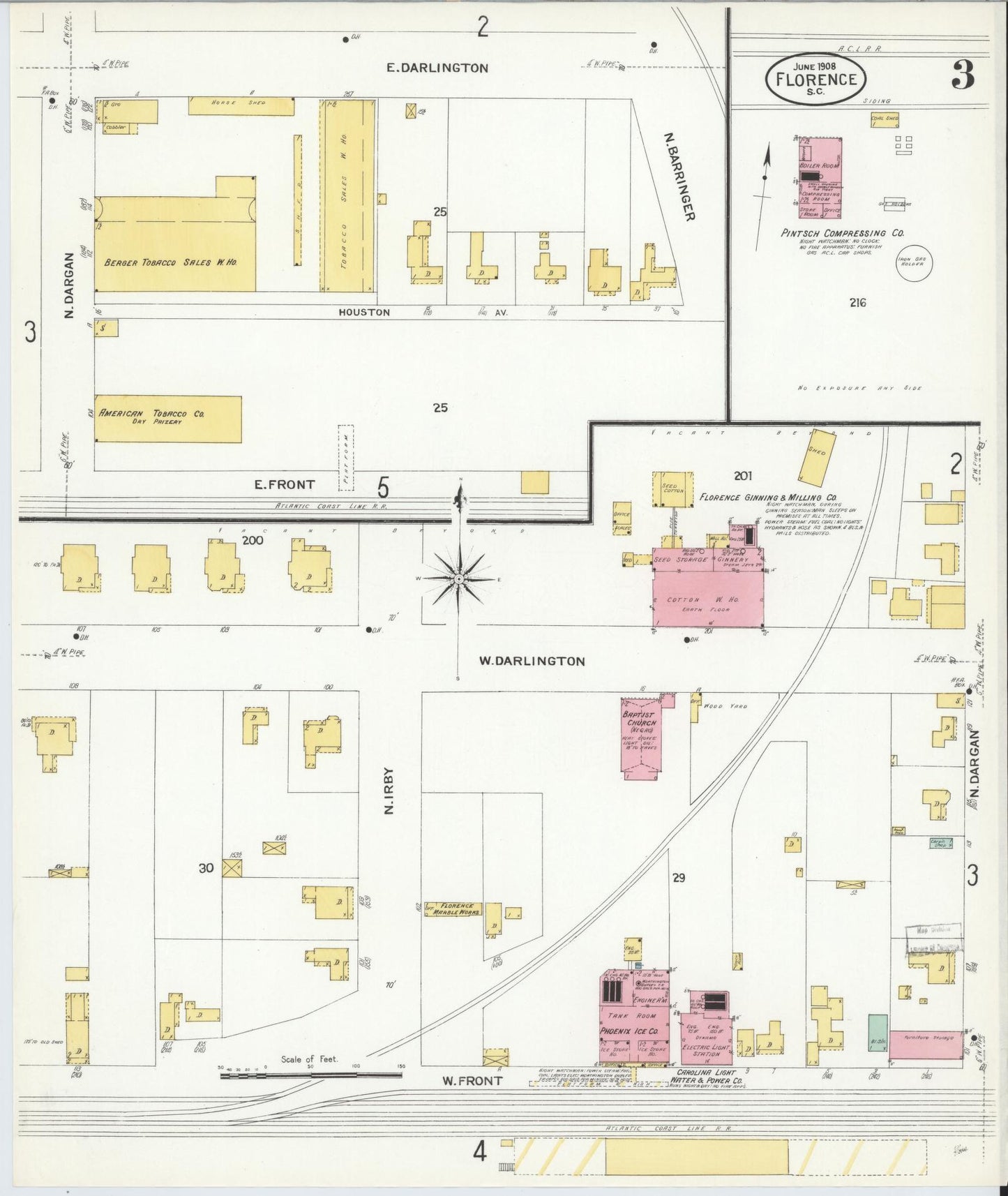 Sanborn Fire Insurance Map from Florence, Florence County, South Carolina (1908), Sheet #0003 - Historic Sanborn Fire Insurance Map Print, vintage old map wall art, antique decor, genealogy gift, South Carolina South Carolina map