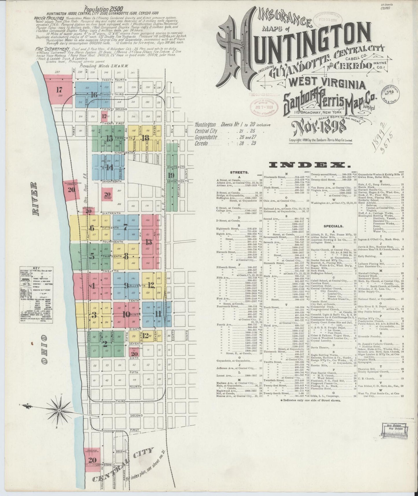 Sanborn Fire Insurance Map from Huntington, Cabell County, West Virginia (1898), Sheet #0001 - Historic Sanborn Fire Insurance Map Print, vintage old map wall art, antique decor, genealogy gift, West Virginia West Virginia map