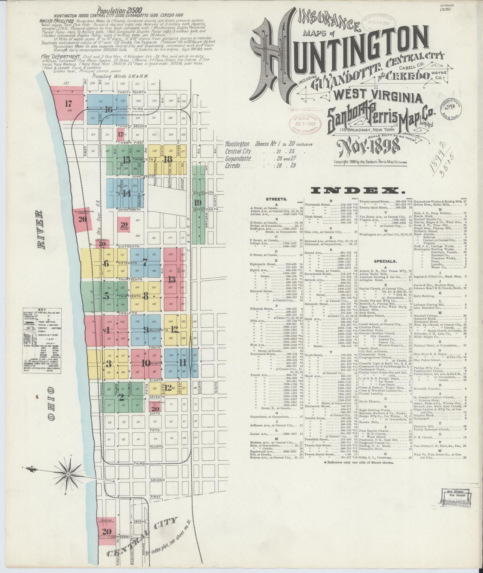 Sanborn Fire Insurance Map from Huntington, Cabell County, West Virginia (1898), Sheet #0001 - Historic Sanborn Fire Insurance Map Print, vintage old map wall art, antique decor, genealogy gift, West Virginia West Virginia map