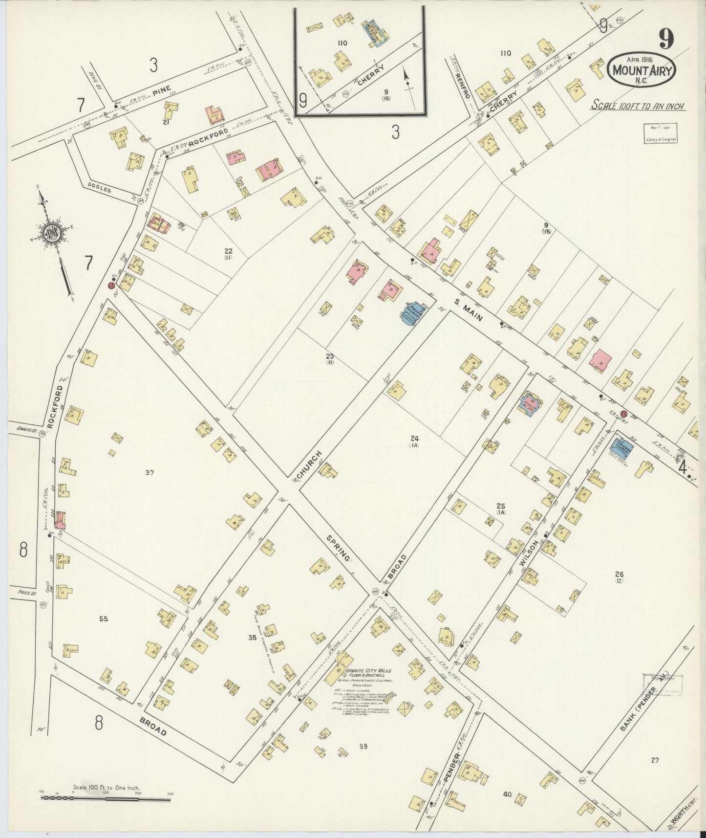 Sanborn Fire Insurance Map from Mount Airy, Surry County, North Carolina (1916), Sheet #0009 - Complete Map Set gallery image, historic Sanborn map, vintage wall art, North Carolina North Carolina
