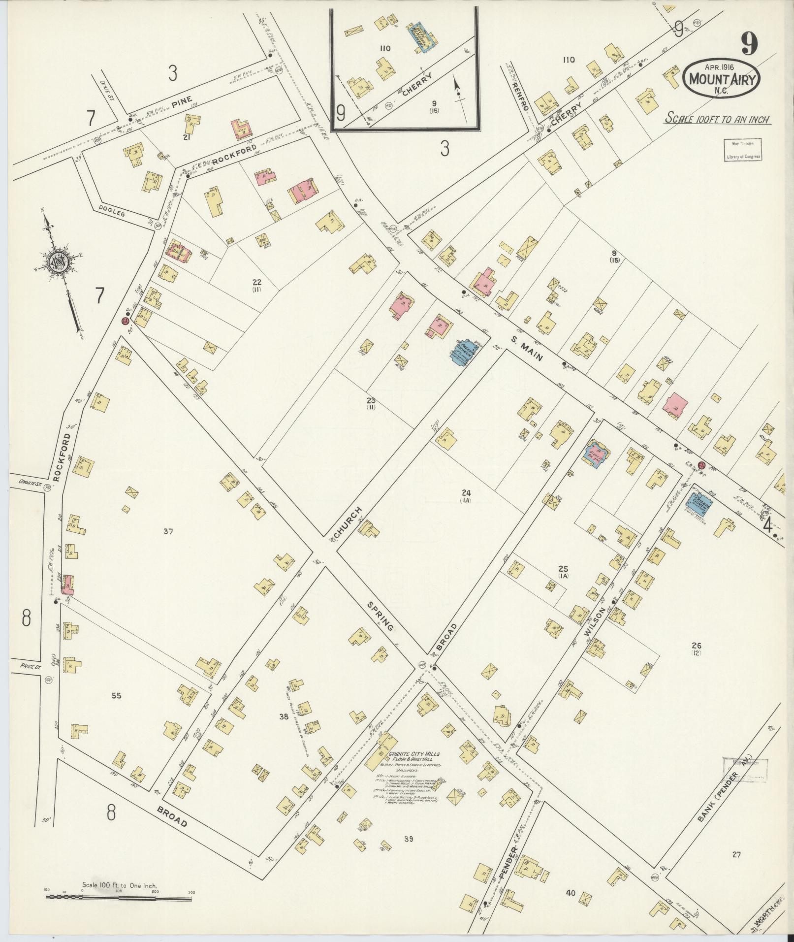 Sanborn Fire Insurance Map from Mount Airy, Surry County, North Carolina (1916), Sheet #0009 - Complete Map Set gallery image, historic Sanborn map, vintage wall art, North Carolina North Carolina