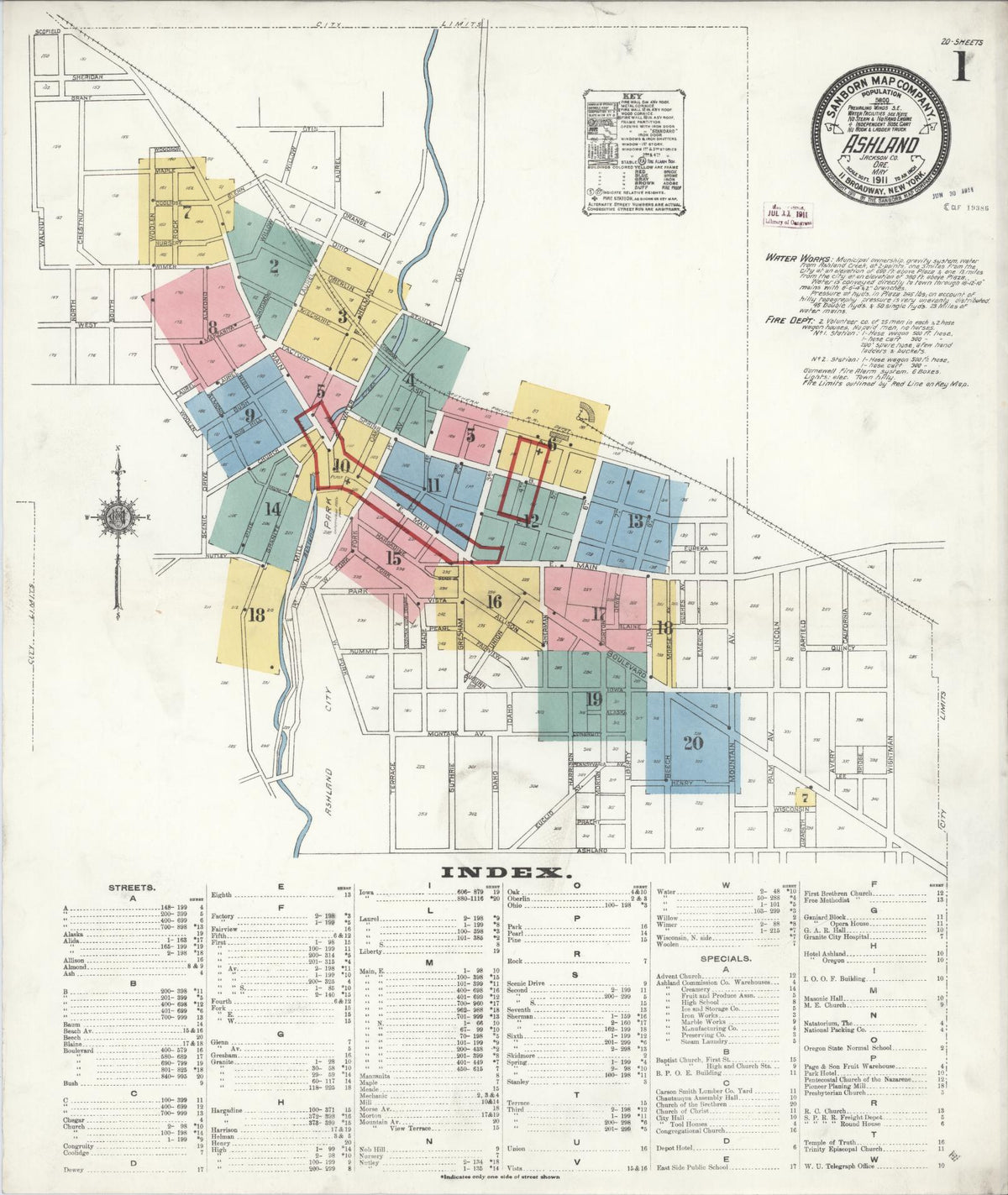 Sanborn Fire Insurance Map from Ashland, Jackson County, Oregon (1911), Sheet #0001 - Historic Sanborn Fire Insurance Map Print, vintage old map wall art, antique decor, genealogy gift, Oregon Oregon map