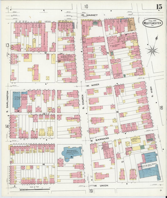 Sanborn Fire Insurance Map from West Chester, Chester County, Pennsylvania (1909), Sheet #0015 - Historic Sanborn Fire Insurance Map Print, vintage old map wall art, antique decor, genealogy gift, Pennsylvania Pennsylvania map