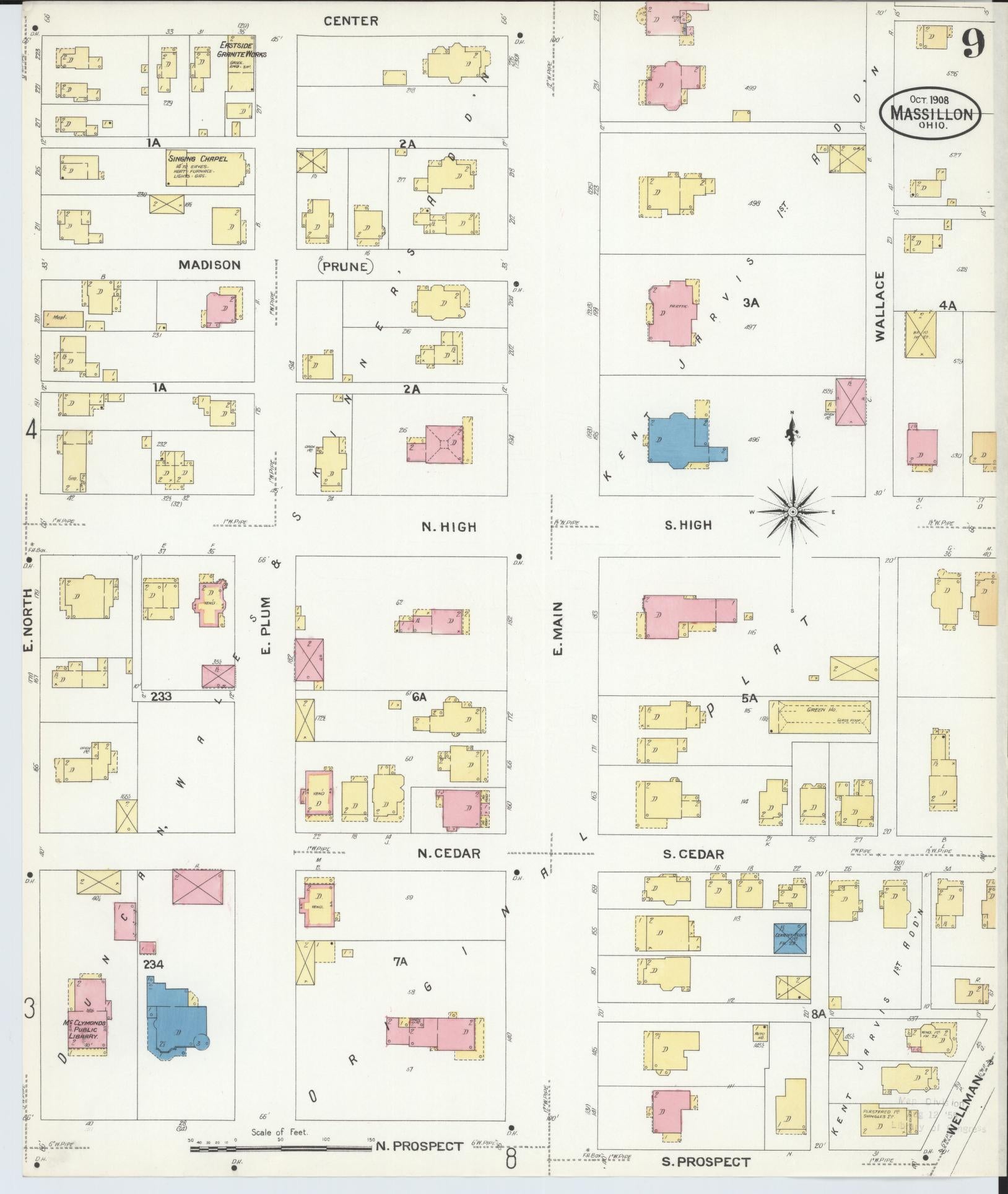 Sanborn Fire Insurance Map from Massillon, Stark County, Ohio (1908), Sheet #0009 - Historic Sanborn Fire Insurance Map Print, vintage old map wall art, antique decor, genealogy gift, Ohio Ohio map