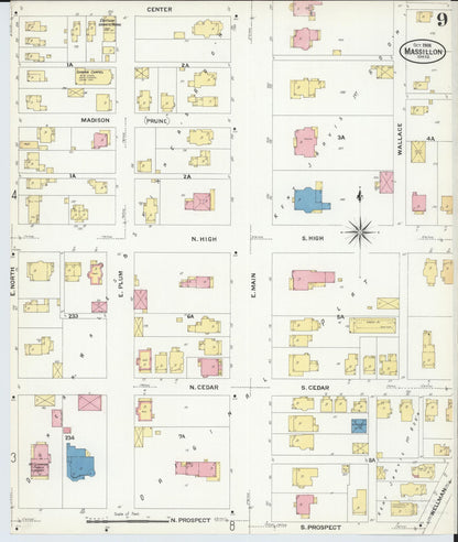 Sanborn Fire Insurance Map from Massillon, Stark County, Ohio (1908), Sheet #0009 - Historic Sanborn Fire Insurance Map Print, vintage old map wall art, antique decor, genealogy gift, Ohio Ohio map