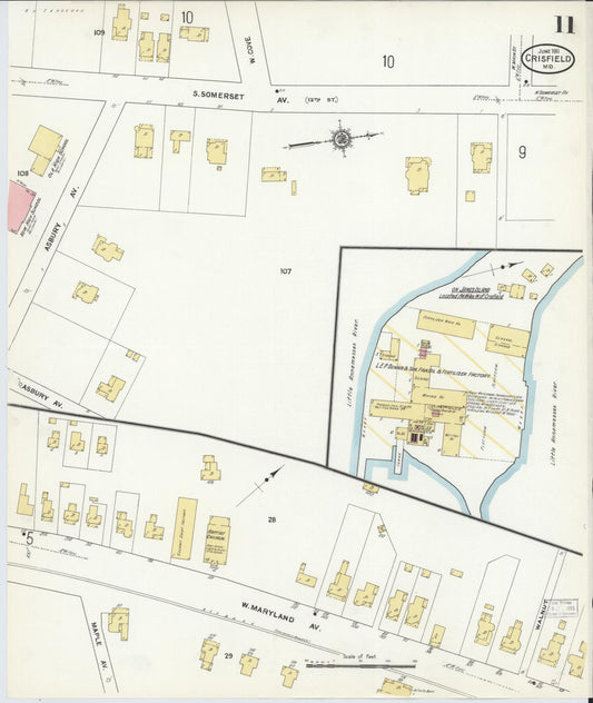 Somerset, Maryland - 1911 - Sanborn Fire Insurance Map, Sheet #0011 - Historic Sanborn Fire Insurance Map Print, Somerset Maryland 1911 0011 vintage old map wall art