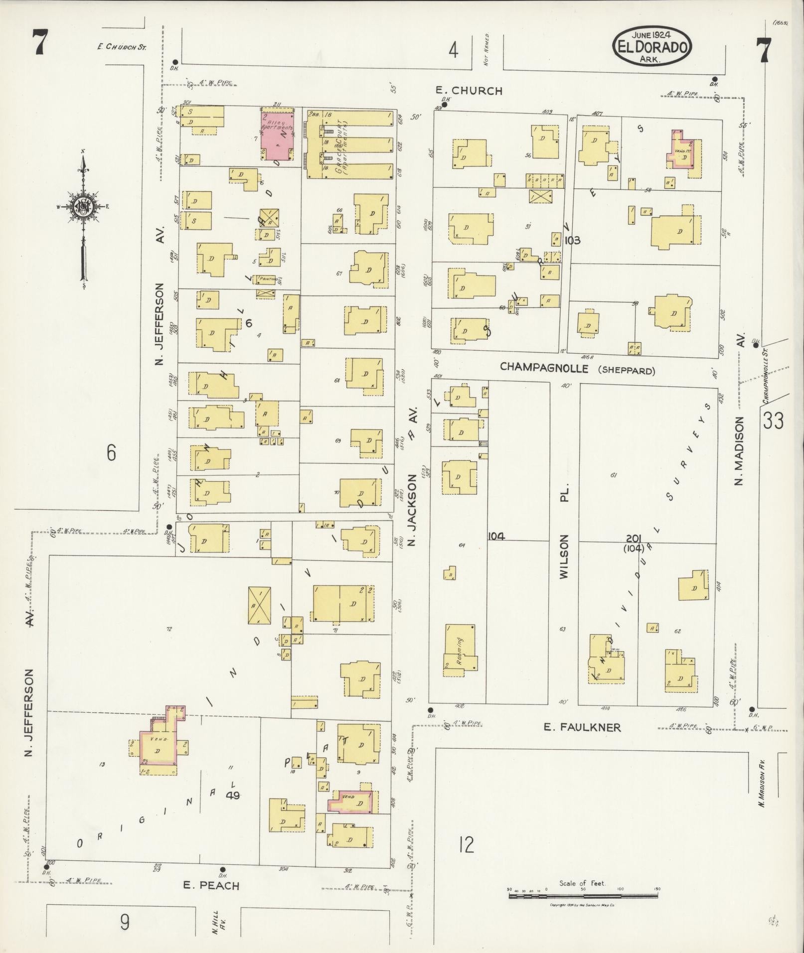 Sanborn Fire Insurance Map from El Dorado, Union County, Arkansas (1924), Sheet #0007 - Complete Map Set gallery image, historic Sanborn map, vintage wall art, Arkansas Arkansas