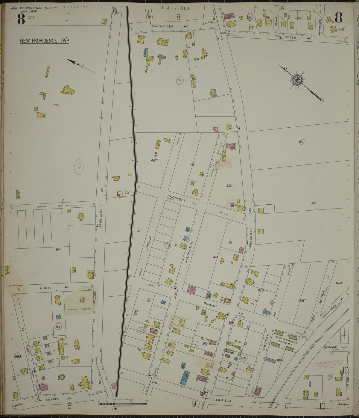 Sanborn Fire Insurance Map from New Providence, Union County, New Jersey (1944), Sheet #0008 - Historic Sanborn Fire Insurance Map Print, vintage old map wall art, antique decor, genealogy gift, New Jersey New Jersey map