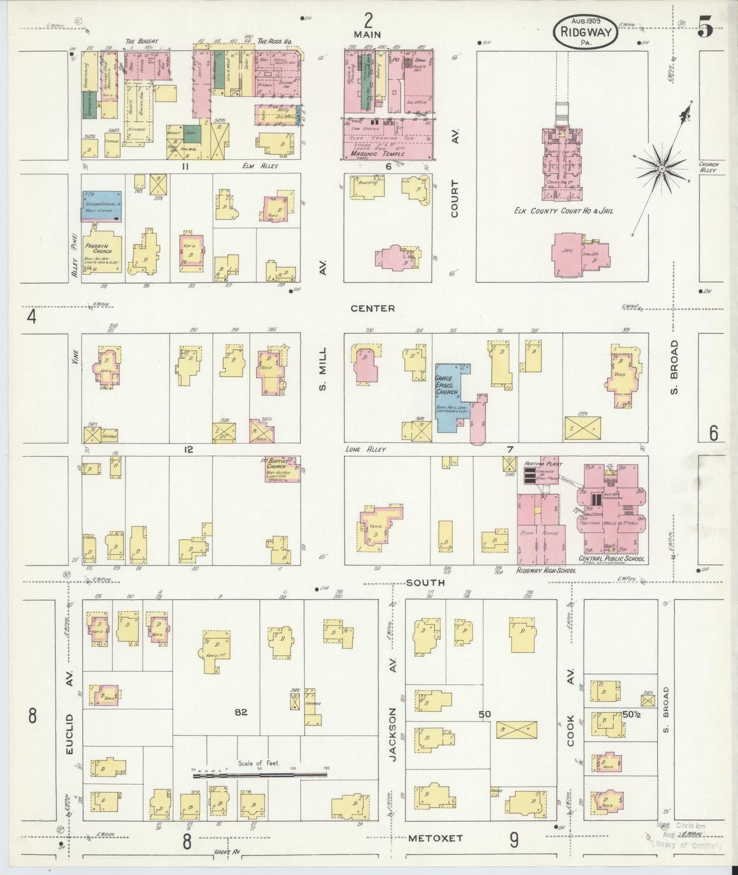 Sanborn Fire Insurance Map from Ridgway, Elk County, Pennsylvania (1909), Sheet #0005 - Historic Sanborn Fire Insurance Map Print, vintage old map wall art, antique decor, genealogy gift, Pennsylvania Pennsylvania map