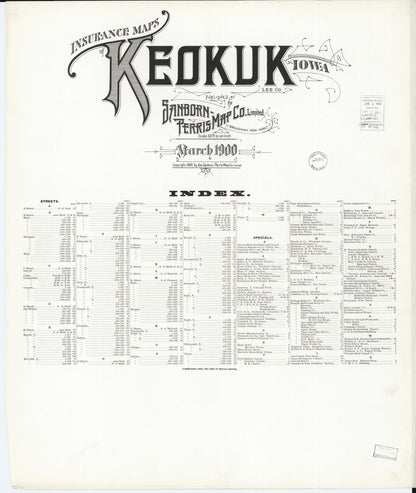 Sanborn Fire Insurance Map from Keokuk, Lee County, Iowa (1900), Sheet #0001 - Historic Sanborn Fire Insurance Map Print, vintage old map wall art