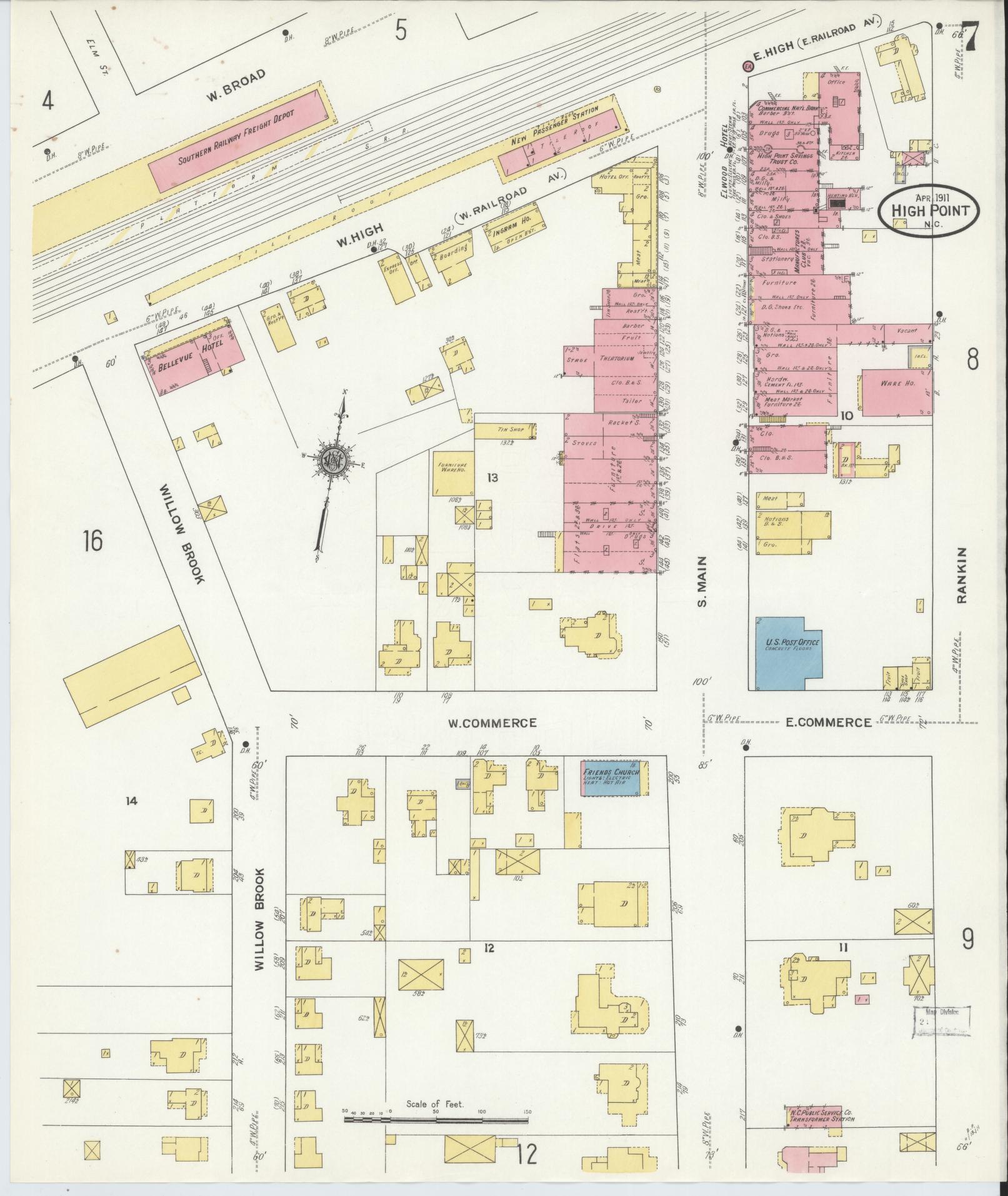 Sanborn Fire Insurance Map from High Point, Guilford County, North Carolina (1911), Sheet #0007 - Complete Map Set gallery image, historic Sanborn map, vintage wall art, North Carolina North Carolina