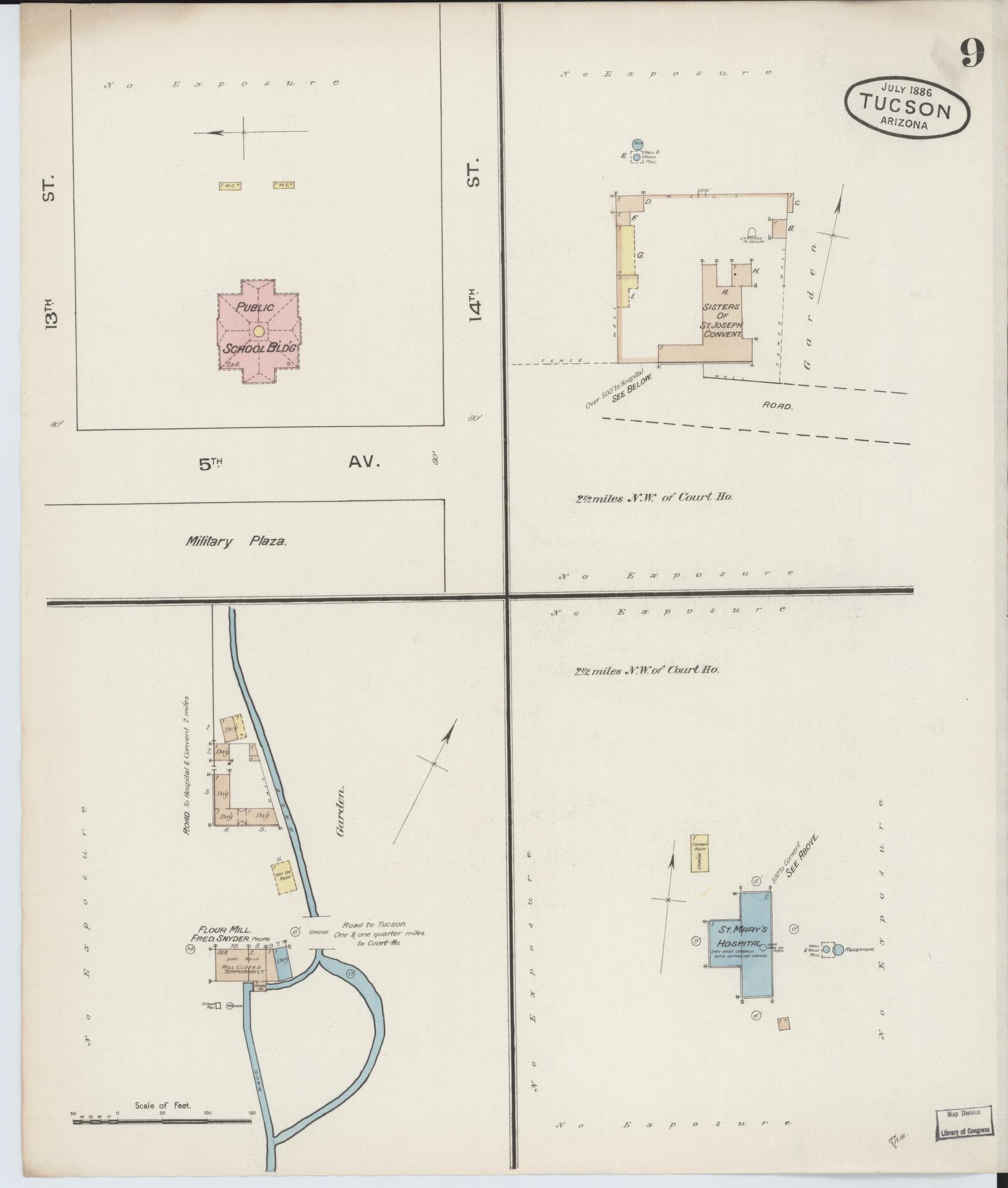 Sanborn Fire Insurance Map from Tucson, Pima County, Arizona (1886), Sheet #0009 - Complete Map Set gallery image, historic Sanborn map, vintage wall art, Arizona Arizona
