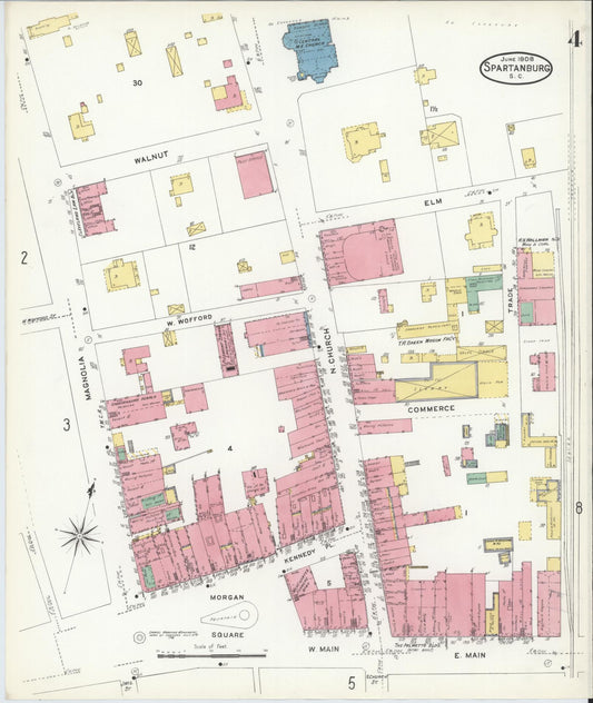 Sanborn Fire Insurance Map from Spartanburg, Spartanburg County, South Carolina (1908), Sheet #0004 - Historic Sanborn Fire Insurance Map Print, vintage old map wall art, antique decor, genealogy gift, South Carolina South Carolina map