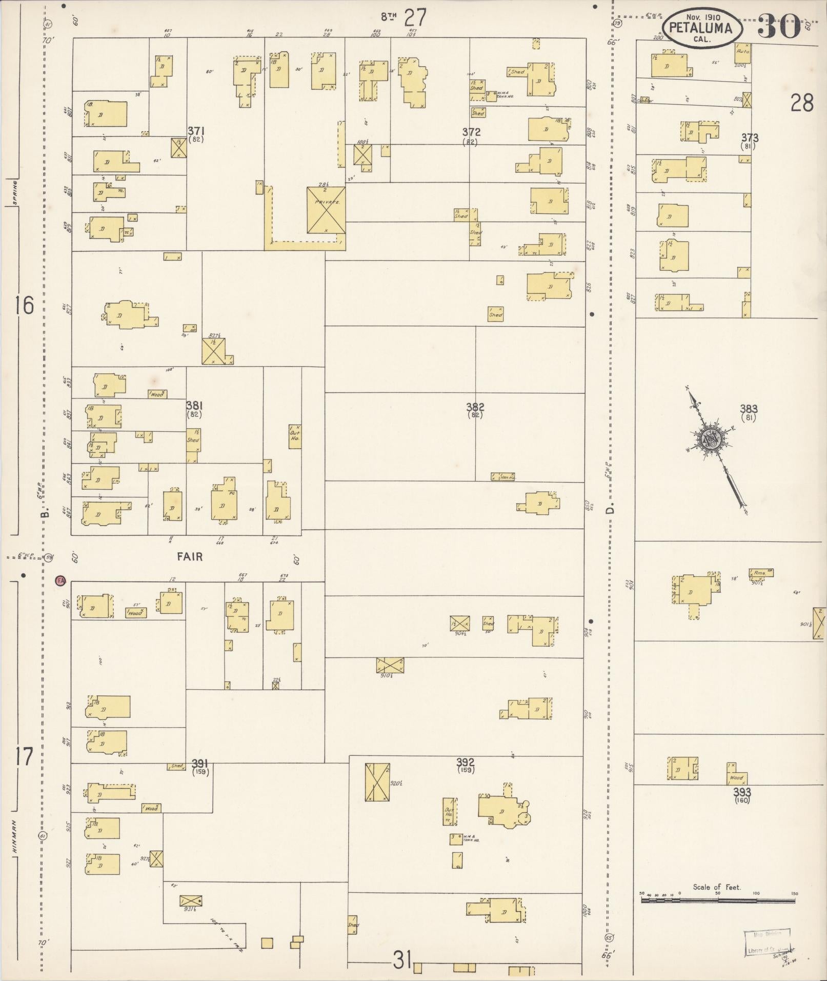 Sanborn Fire Insurance Map from Petaluma, Sonoma County, California (1910), Sheet #0030 - Complete Map Set gallery image, historic Sanborn map, vintage wall art, California California