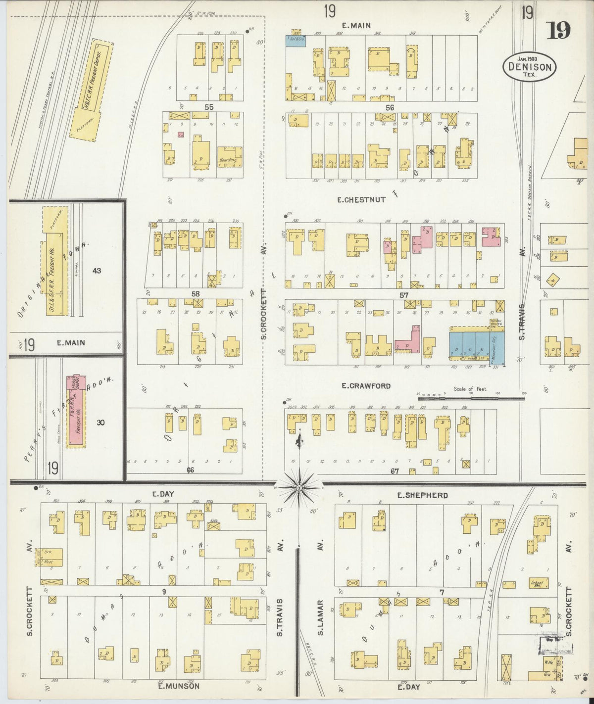 Sanborn Fire Insurance Map from Denison, Grayson County, Texas (1903), Sheet #0019 - Historic Sanborn Fire Insurance Map Print, vintage old map wall art, antique decor, genealogy gift, Texas Texas map