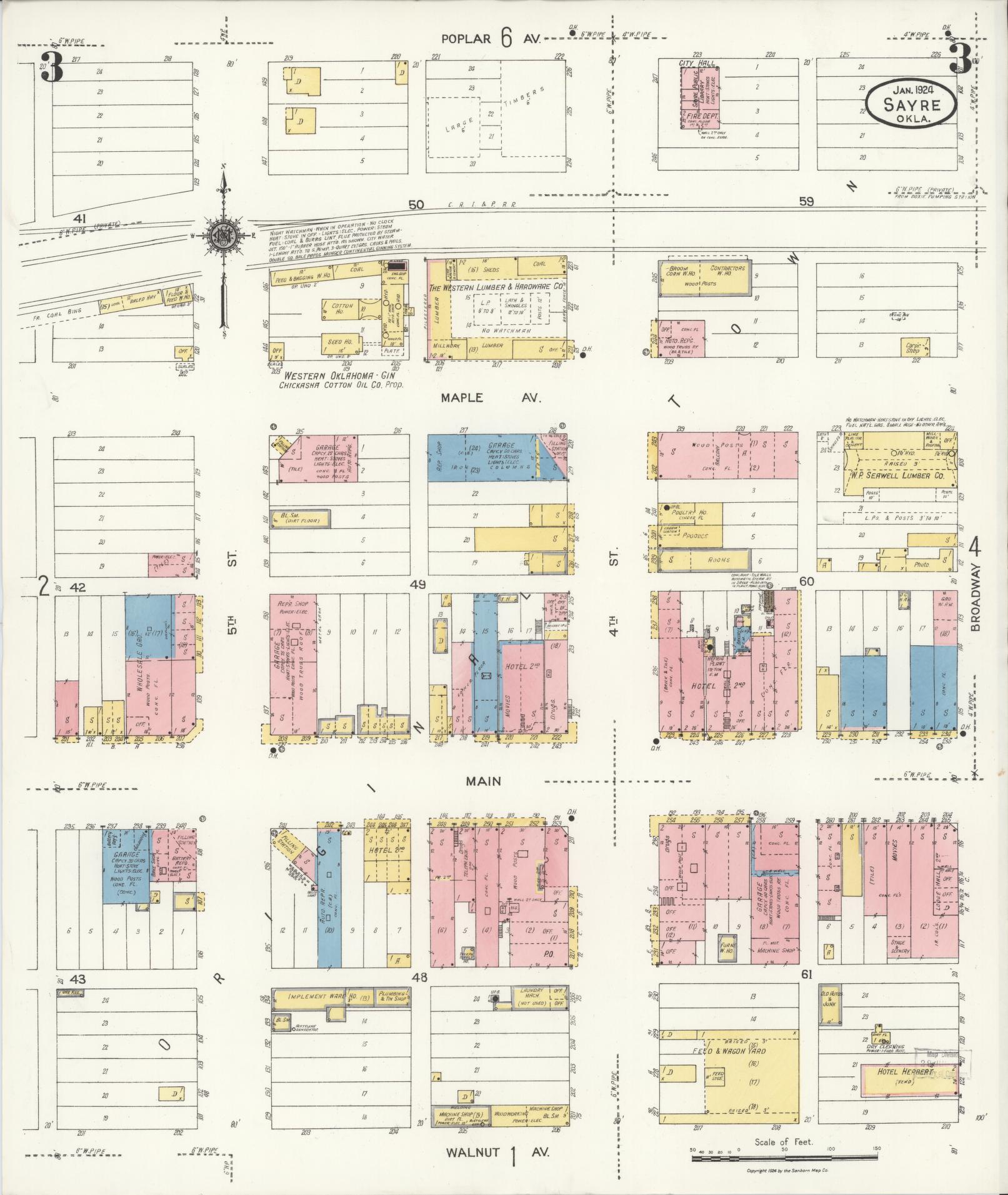 Sanborn Fire Insurance Map from Sayre, Beckham County, Oklahoma (1924), Sheet #0003 - Complete Map Set gallery image, historic Sanborn map, vintage wall art, Oklahoma Oklahoma
