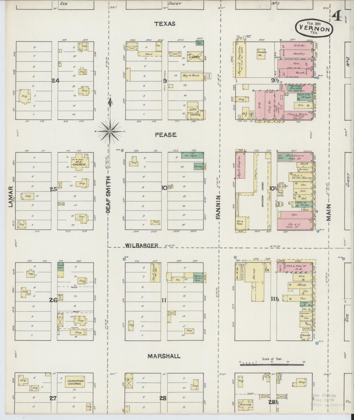 Sanborn Fire Insurance Map from Vernon, Wilbarger County, Texas (1891), Sheet #0004 - Complete Map Set gallery image, historic Sanborn map, vintage wall art, Texas Texas