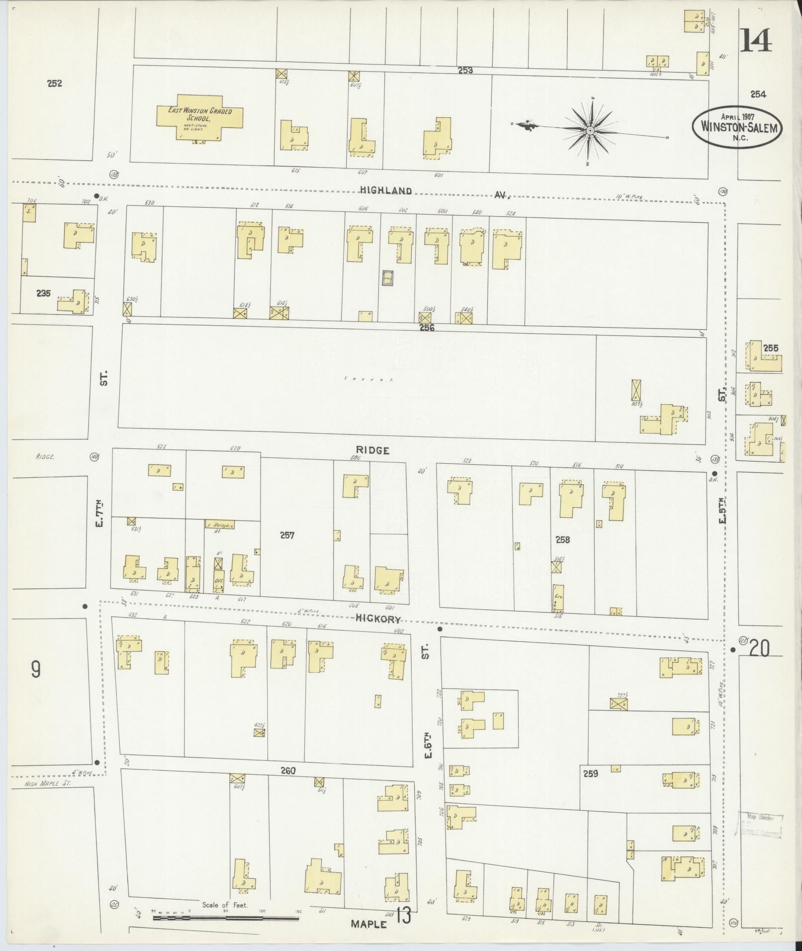 Sanborn Fire Insurance Map from Winston-Salem, Forsyth County, North Carolina (1907), Sheet #0014 - Complete Map Set gallery image, historic Sanborn map, vintage wall art, North Carolina North Carolina