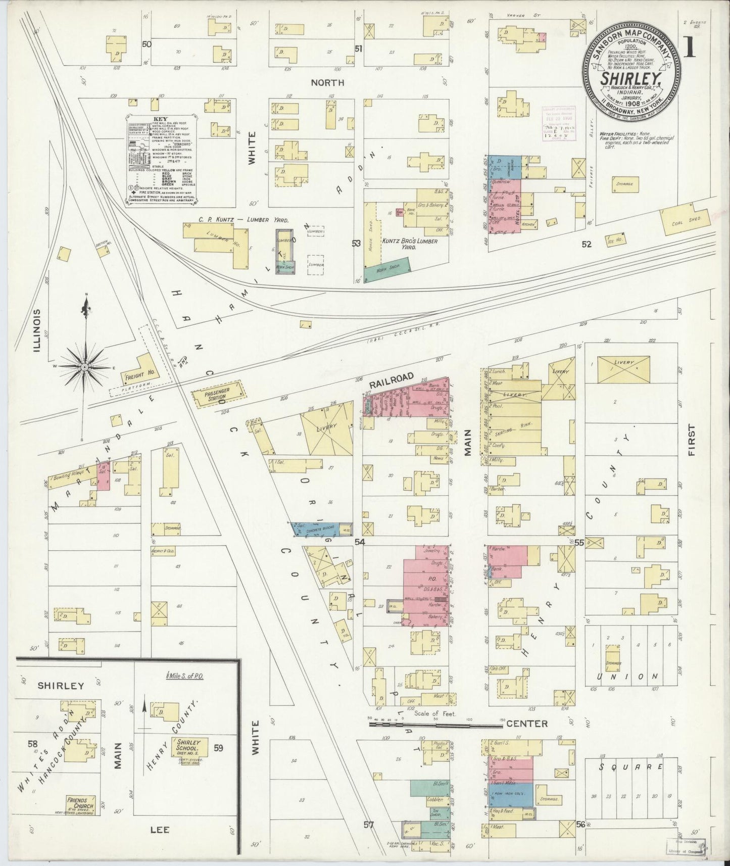 Sanborn Fire Insurance Map from Shirley, Hancock And Henry Counties, Indiana (1908), Sheet #0001 - Complete Map Set gallery image, historic Sanborn map, vintage wall art, Indiana Indiana