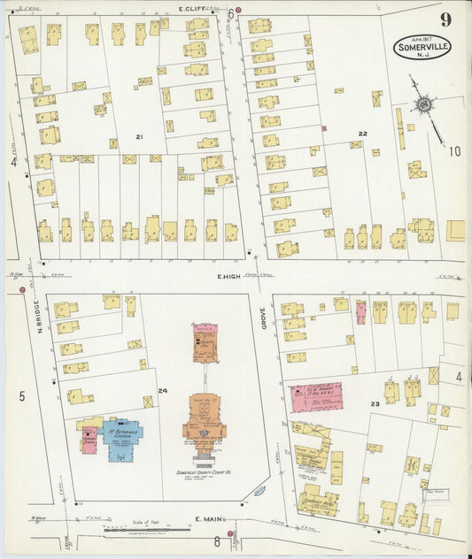 Sanborn Fire Insurance Map from Somerville, Somerset County, New Jersey (1917), Sheet #0009 - Historic Sanborn Fire Insurance Map Print, vintage old map wall art, antique decor, genealogy gift, New Jersey New Jersey map