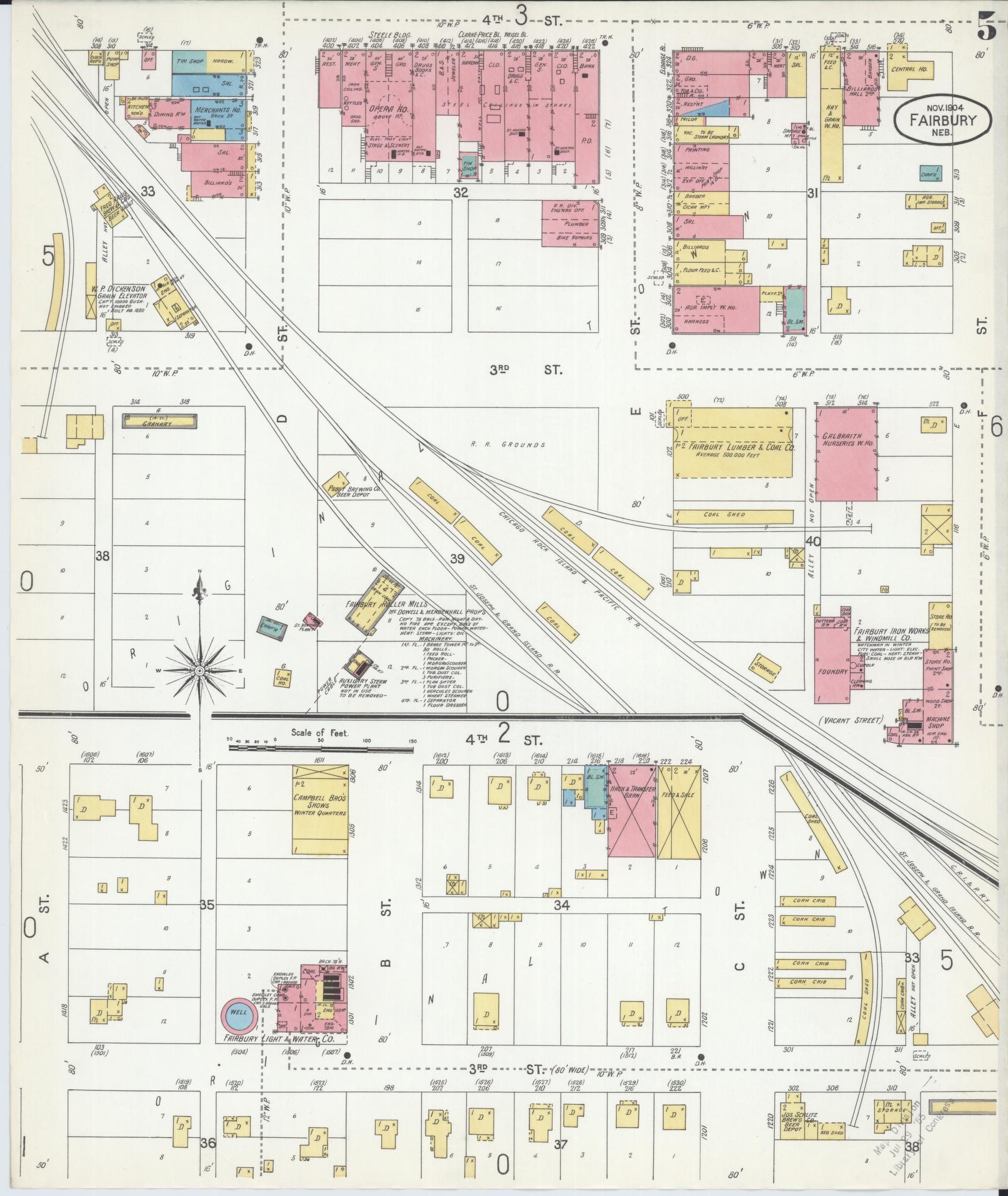Sanborn Fire Insurance Map from Fairbury, Jefferson County, Nebraska (1904), Sheet #0005 - Historic Sanborn Fire Insurance Map Print, vintage old map wall art, antique decor, genealogy gift, Nebraska Nebraska map