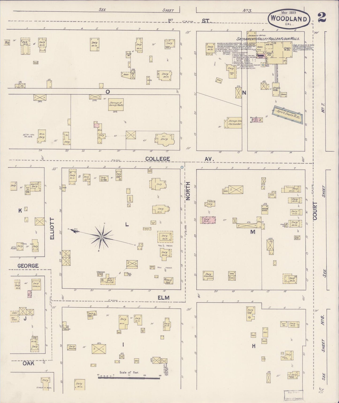 Sanborn Fire Insurance Map from Woodland, Yolo County, California (1889), Sheet #0002 - Complete Map Set gallery image, historic Sanborn map, vintage wall art, California California