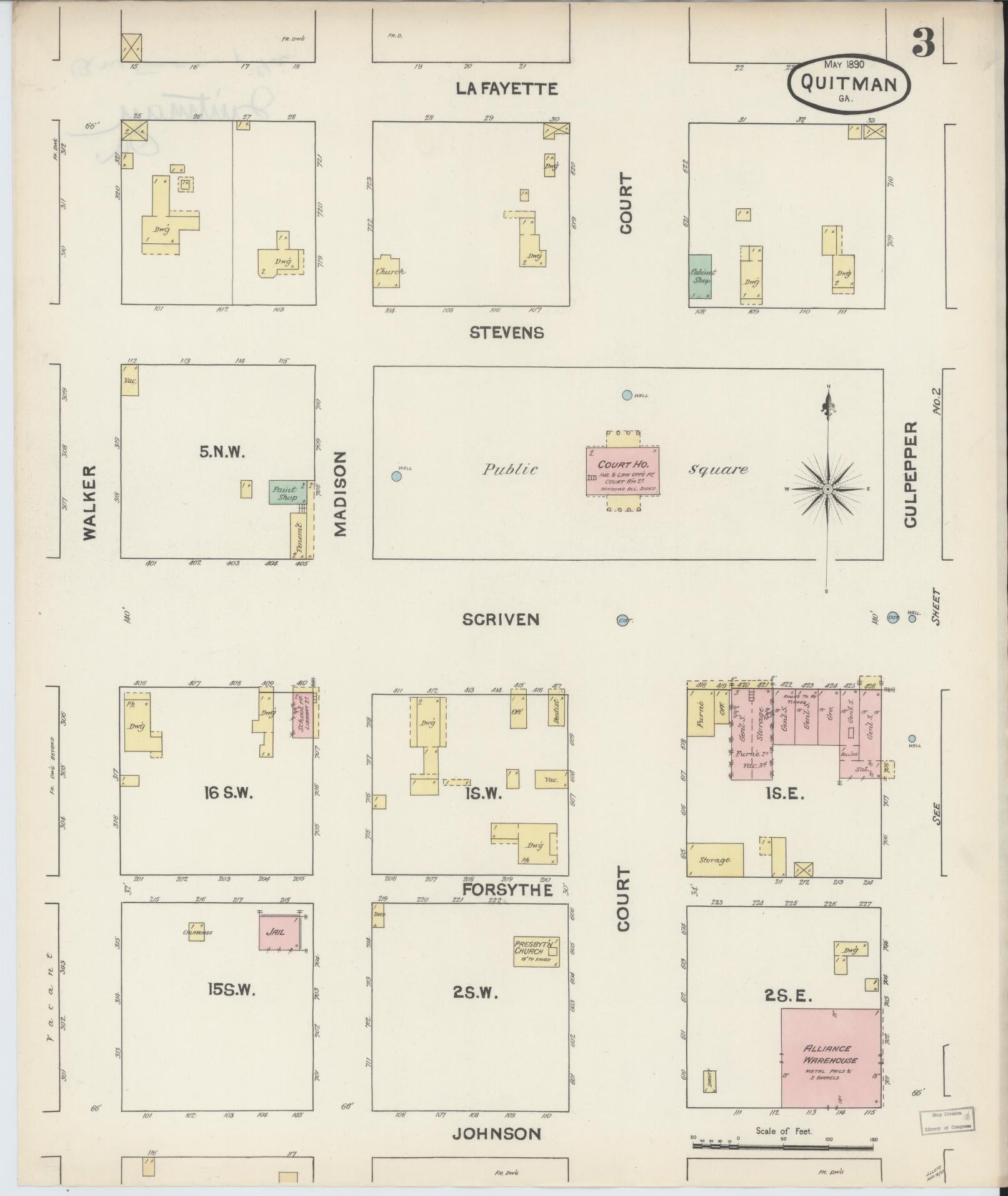 Sanborn Fire Insurance Map from Quitman, Brooks County, Georgia (1890), Sheet #0003 - Complete Map Set gallery image, historic Sanborn map, vintage wall art, Georgia Georgia