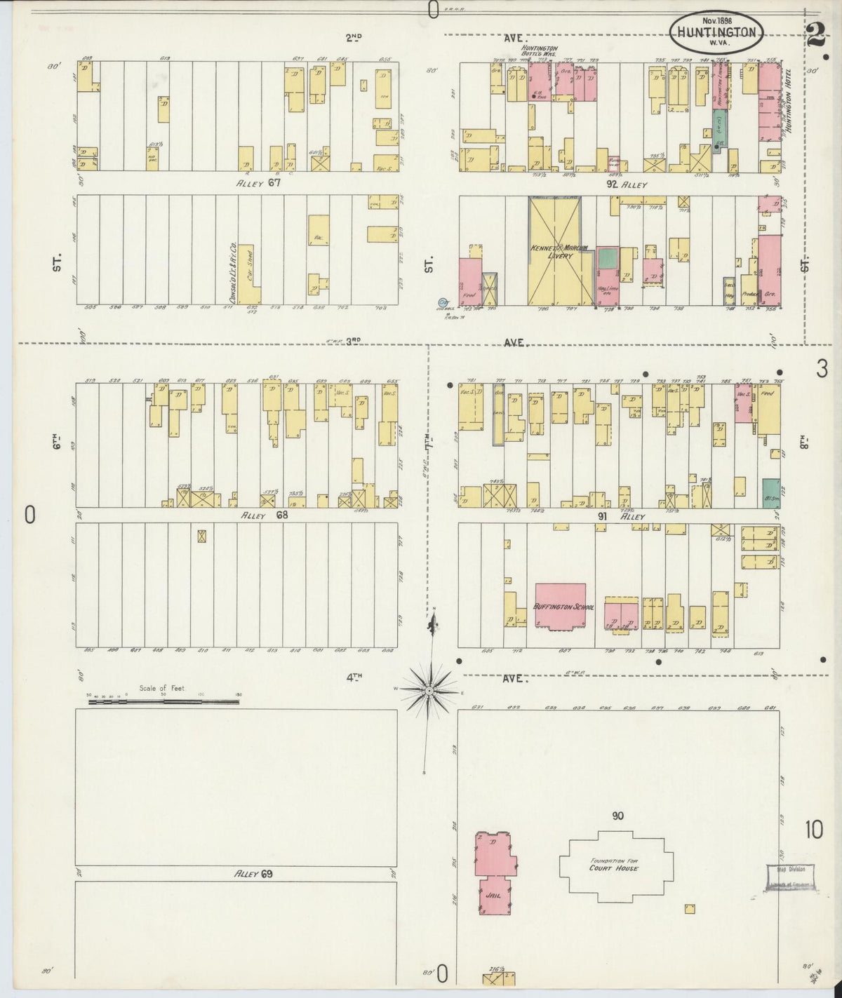 Sanborn Fire Insurance Map from Huntington, Cabell County, West Virginia (1898), Sheet #0002 - Complete Map Set gallery image, historic Sanborn map, vintage wall art, West Virginia West Virginia