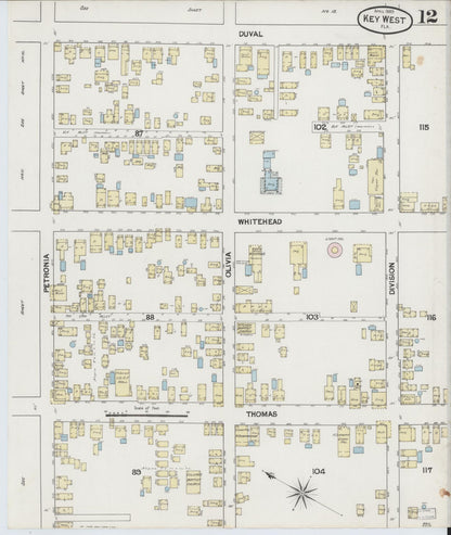 Sanborn Fire Insurance Map from Key West, Monroe County, Florida (1889), Sheet #0012 - Historic Sanborn Fire Insurance Map Print, vintage old map wall art, antique decor, genealogy gift, Florida Florida map
