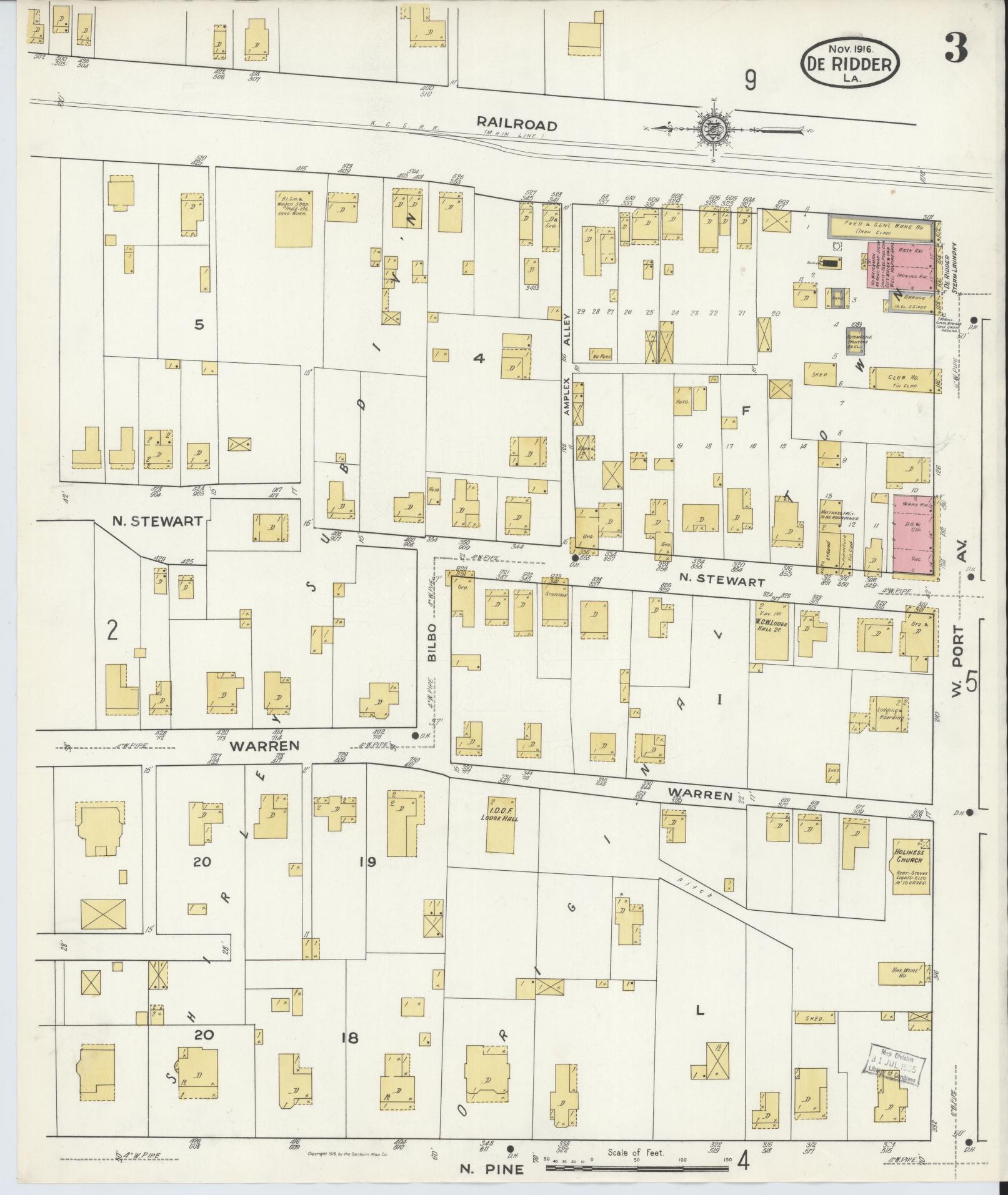Sanborn Fire Insurance Map from De Ridder, Beauregard Parish, Louisiana (1916), Sheet #0003 - Complete Map Set gallery image, historic Sanborn map, vintage wall art, Louisiana Louisiana